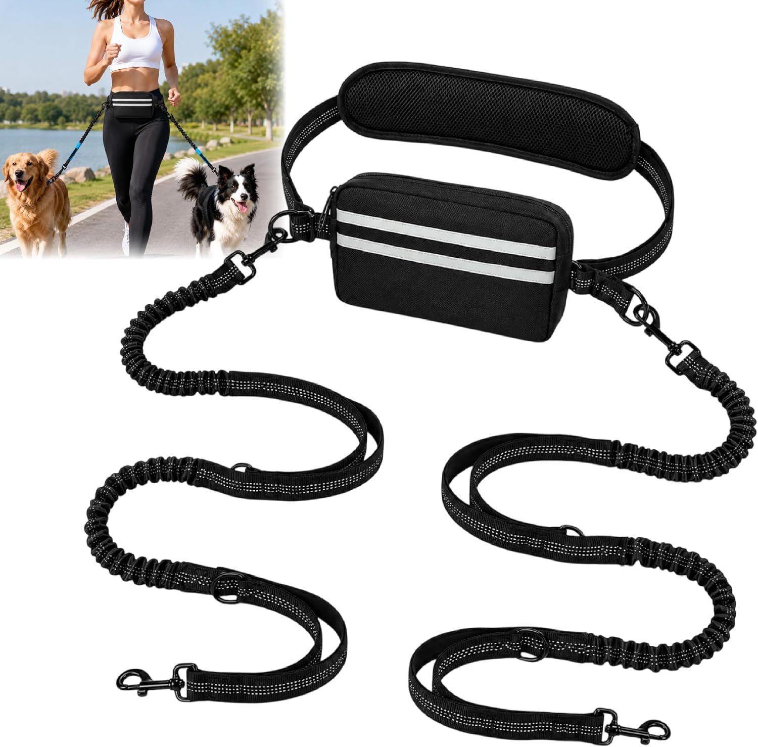 Hands Free Double Dog Leash for 2 Dogs, Thick Nylon Shock Absorbing Bungee, Reflective Adjustable Pet Walking Belt, Anti-Tangle Swivel, Waist Pouch Included, for Medium and Large Breeds