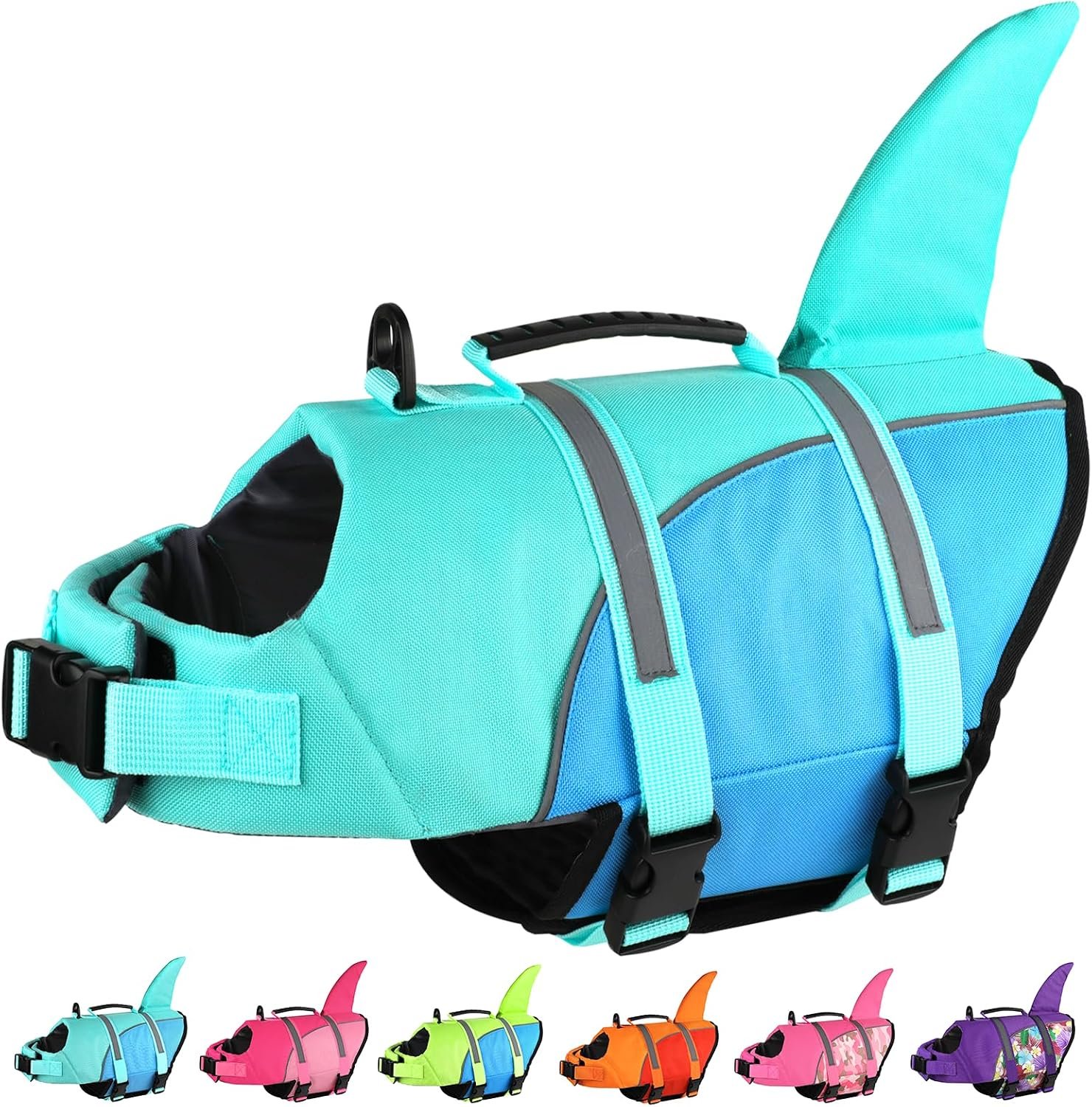 Doglay Dog Life Vest, Ripstop Cute Shark Life Jacket, Turquoise & Blue, XL | High buoyancy, adjustable straps, reflective strips, rescue handle, for swimming, boating and kayaking, cute shark fin
