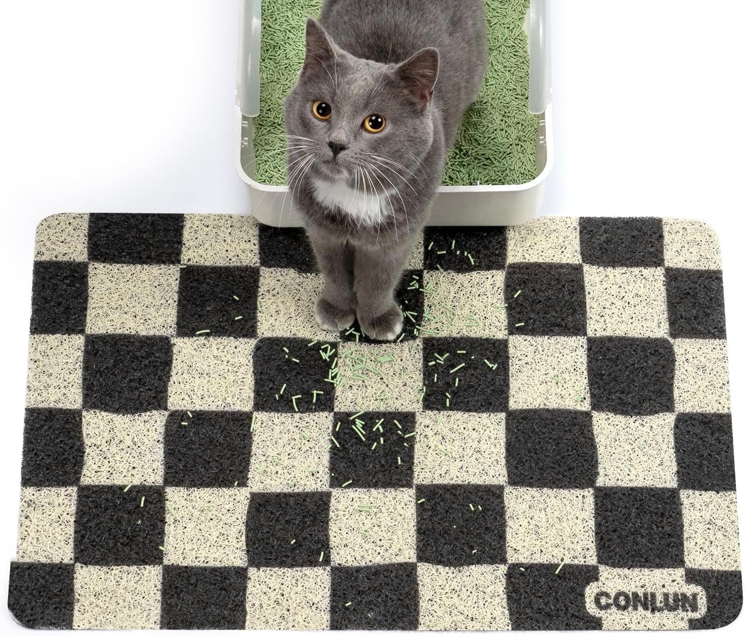 Conlun Cat Litter Mat Litter Trapping Mat, Premium Durable PVC Cute Cat Litter Box Mat, Non-Slip, Less Waste Kitty Litter Mat, Soft on Kitty’s Paws, 24”x 17” cat matts for litter, Chessboard