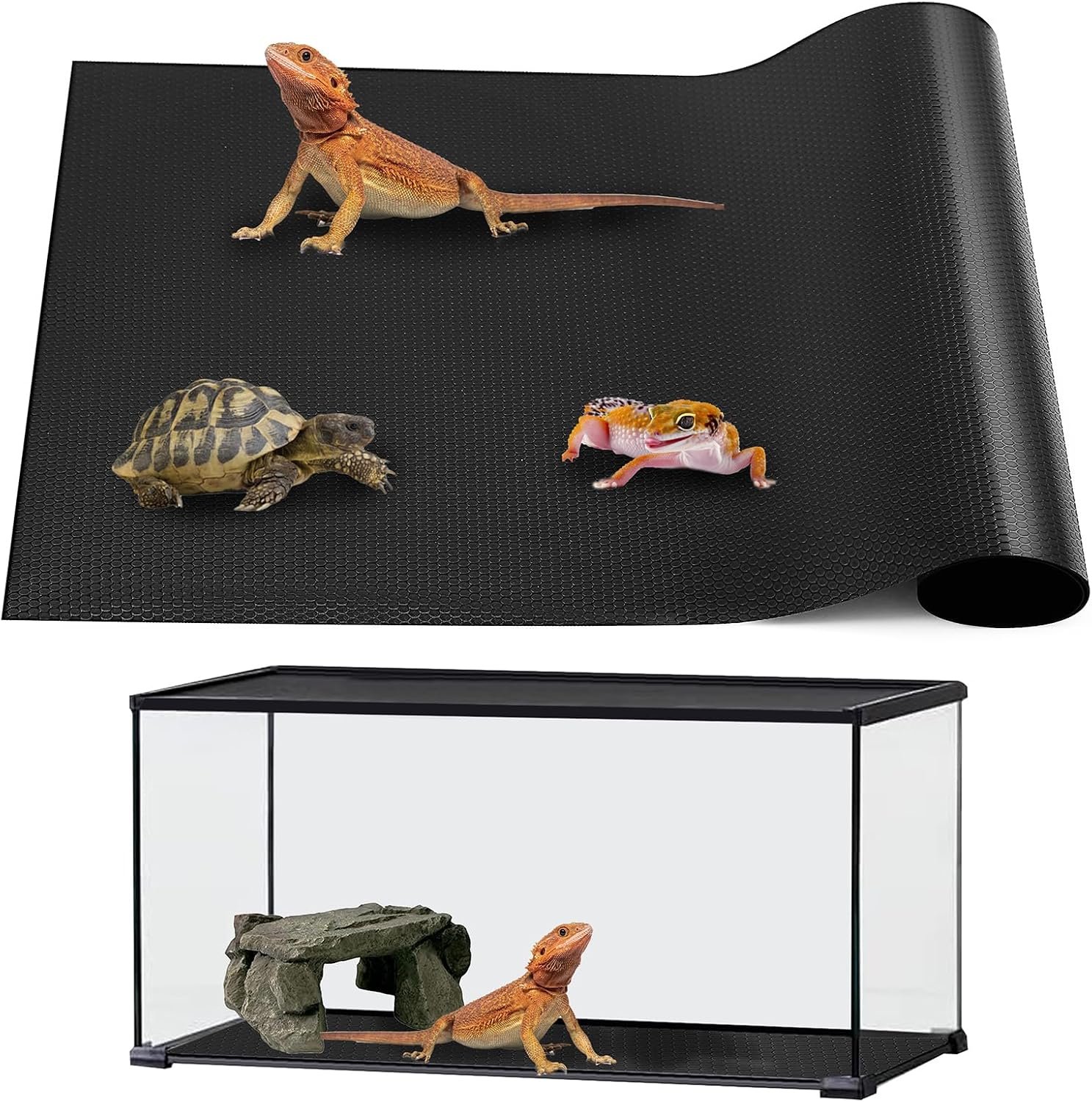 Bearded Dragon Tank Accessories, Reptile Mat, Reptile Terrarium Substrate Liner for Leopard Gecko, Lizard, Snake, Tortoise, Iguana Non-Adhesive Reptile Flooring (18″x36″ Black)