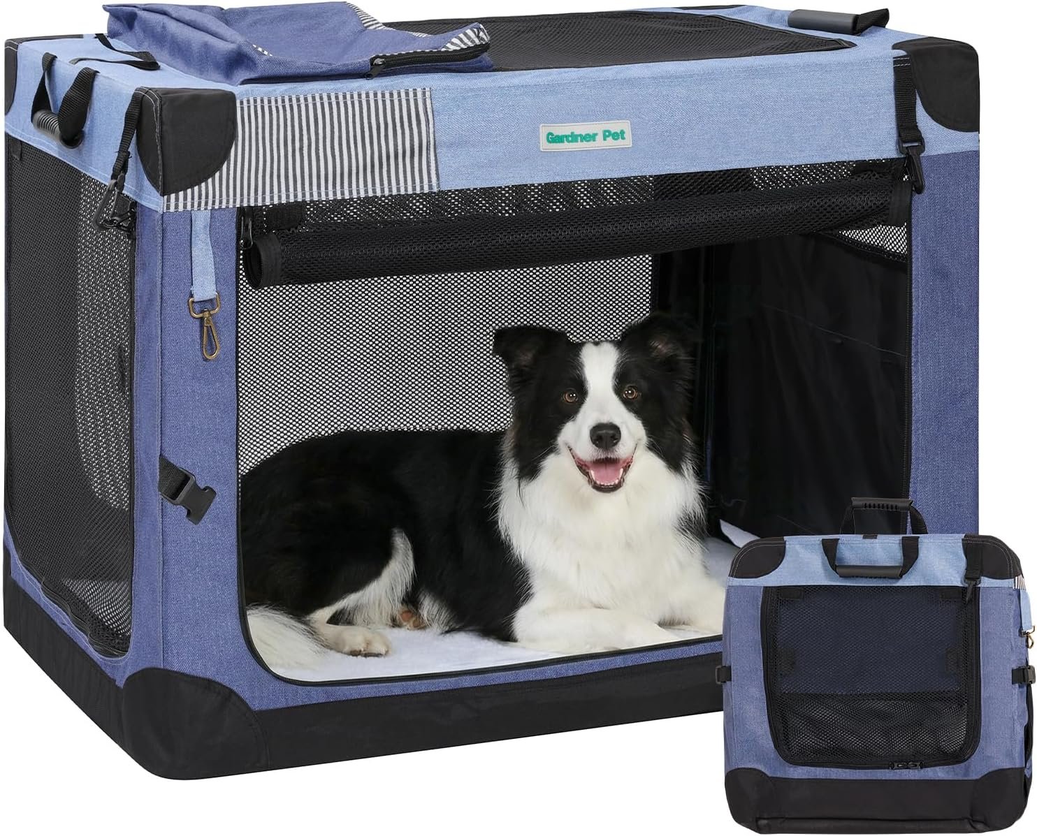 Gardner Pet Soft Collapsible Dog Crate – 36 Inch Portable Travel Dog Crate for Medium/Large Dogs Indoor & Outdoor, 3-Door Pet Crate with Durable Mesh Windows & Storage Bag, Blue