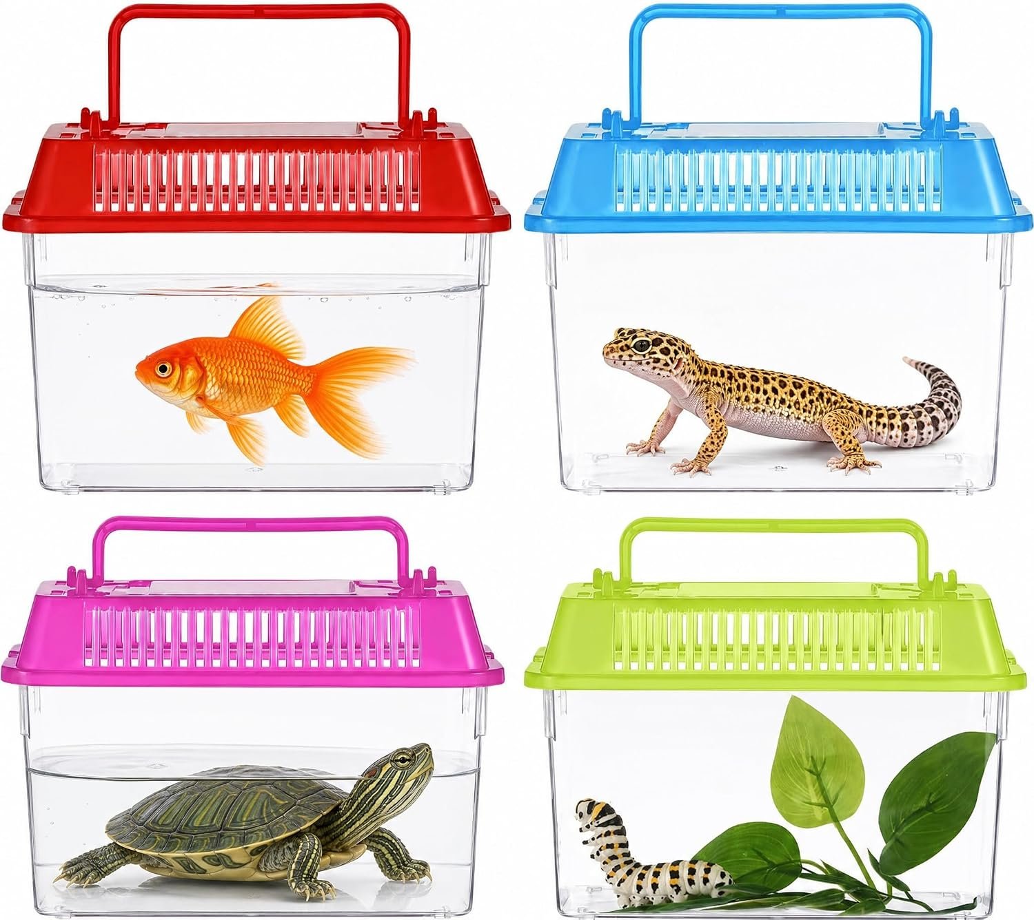 Angoily Turtle Tank, 0.4 Gal Portable Plastic Handheld Mini Fish Tanks Clear Reptile Habitat Carrier Catch and Release Aquarium Small Pet Aquarium with Handle for Travel and Home Use, Bug Cage Beach