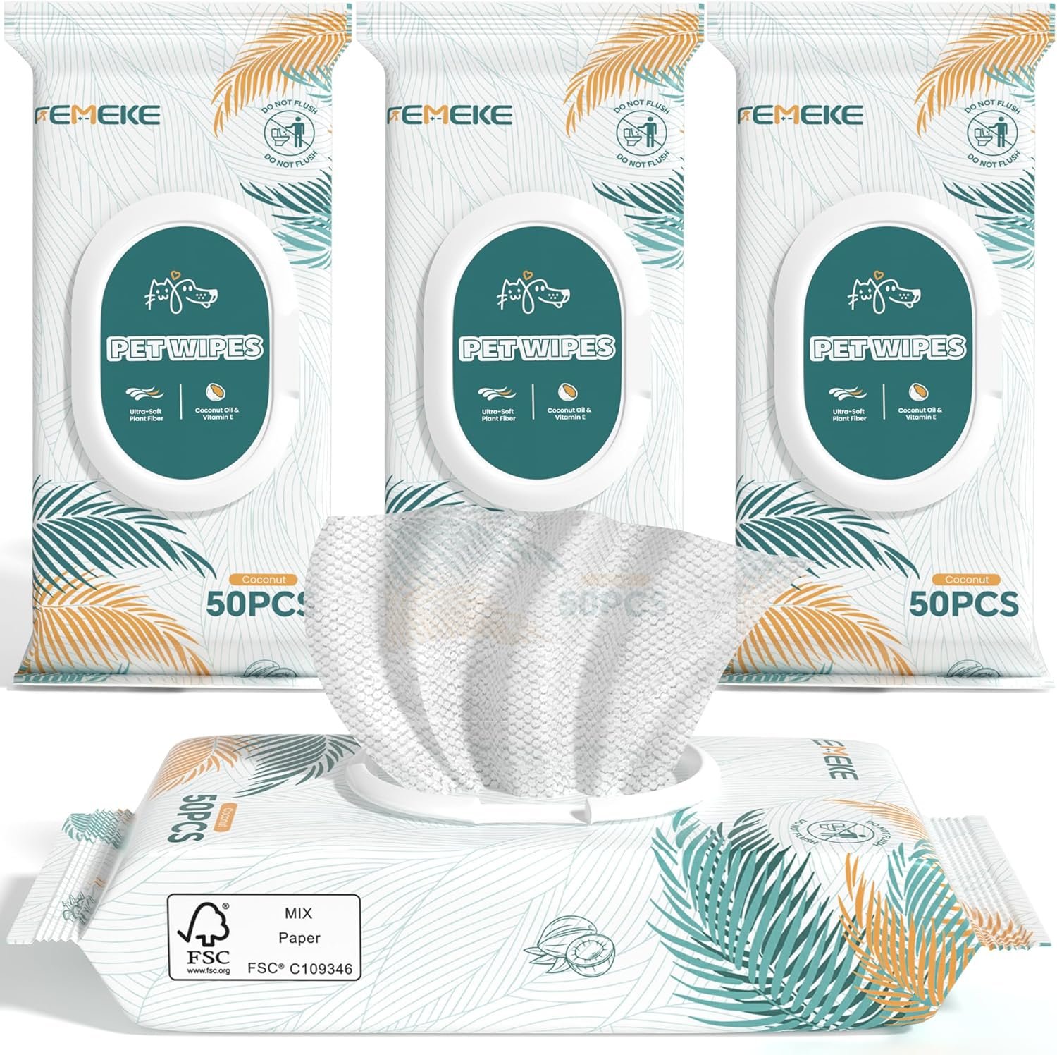 200 Count Dog Wipes & Cat Wipes (4×50 Packs) | Hypoallergenic, pH Balanced for Paws, Body, Face & Grooming |All-Natural Plant Fiber Wipes with Aloe, Coconut Oil & Vitamin E |Pearl Texture