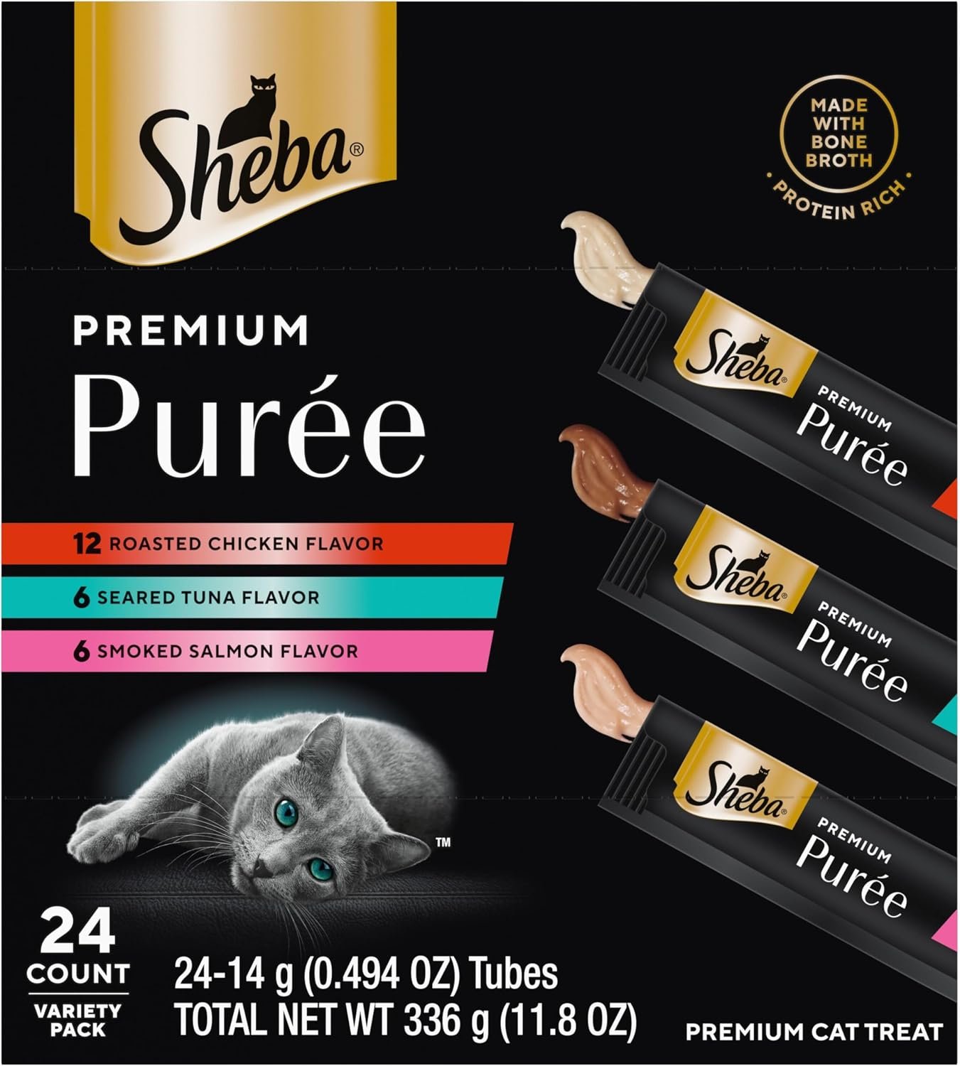 Sheba Premium Puree Lickable Cat Treats, Chicken, Salmon & Tuna, 24 Count