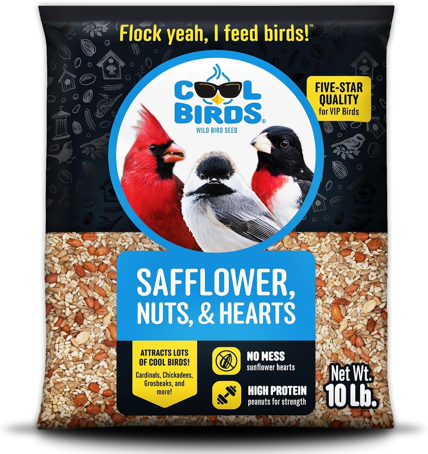 Cool Birds Safflower, Nuts & Hearts Wild Bird Seed, 10 lb | Gourmet No Waste Bird Food for Outside Feeders with Safflower, Sunflower Hearts & Peanuts. No Corn, Milo or Millet