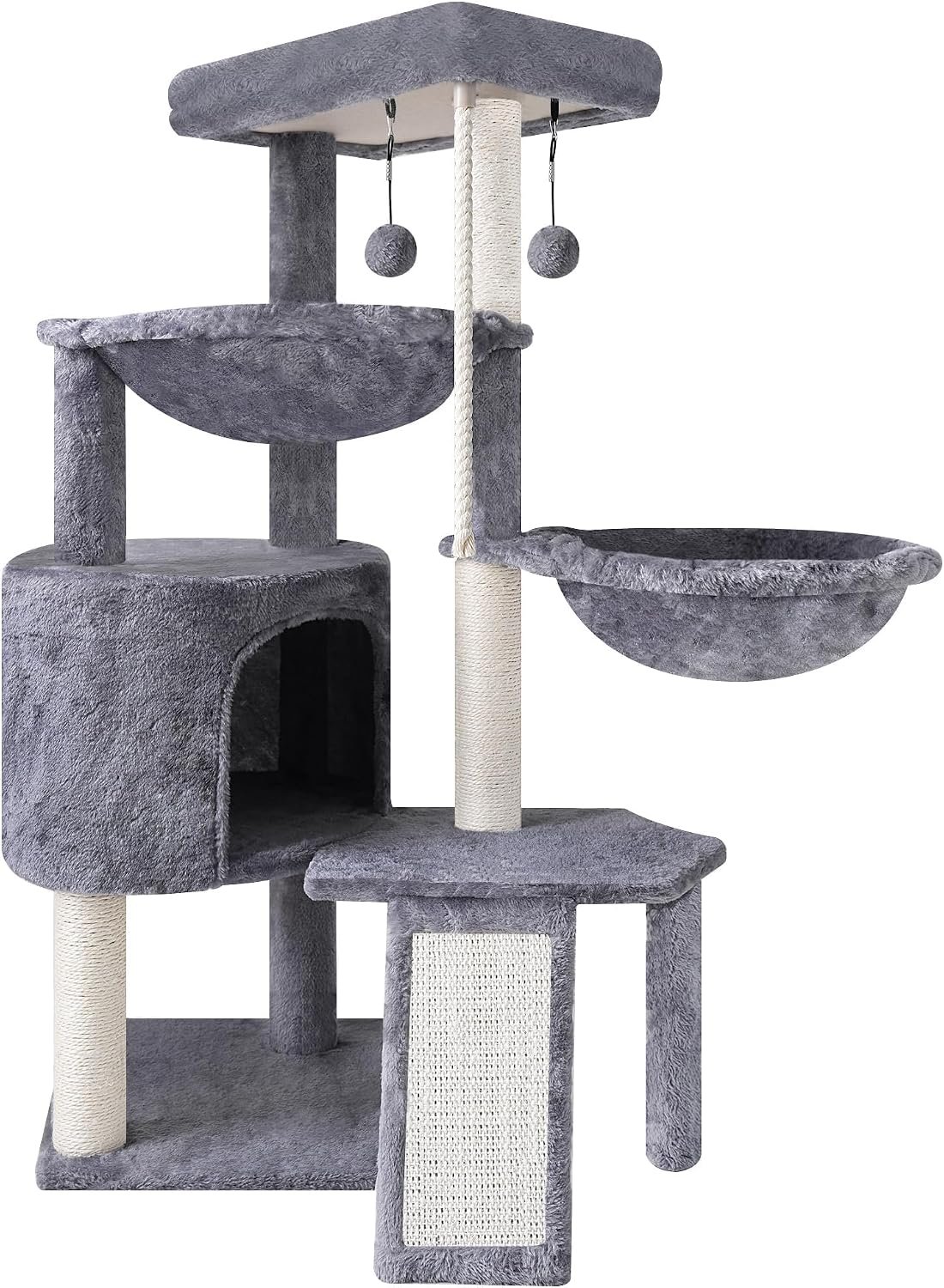 Three Layer Cat Tree with Cat Condo and Two Hammocks,Grey | 3-Tier Cat Tree,Scratch Pad ,Natural Sisal,Replaceable Hanging Balls,Sturdy Cat Furniture for Kitten&Adult Cat