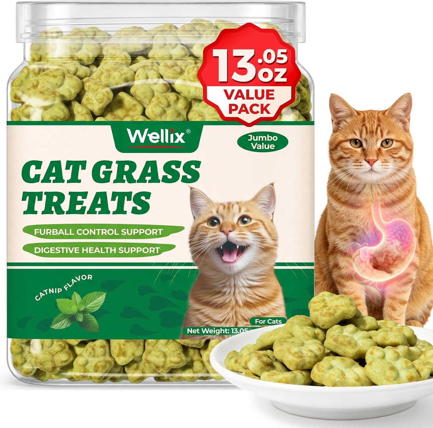 Wellix Cat Grass Treats with Catnip, Hairball & Digestive Support, 13.05 oz