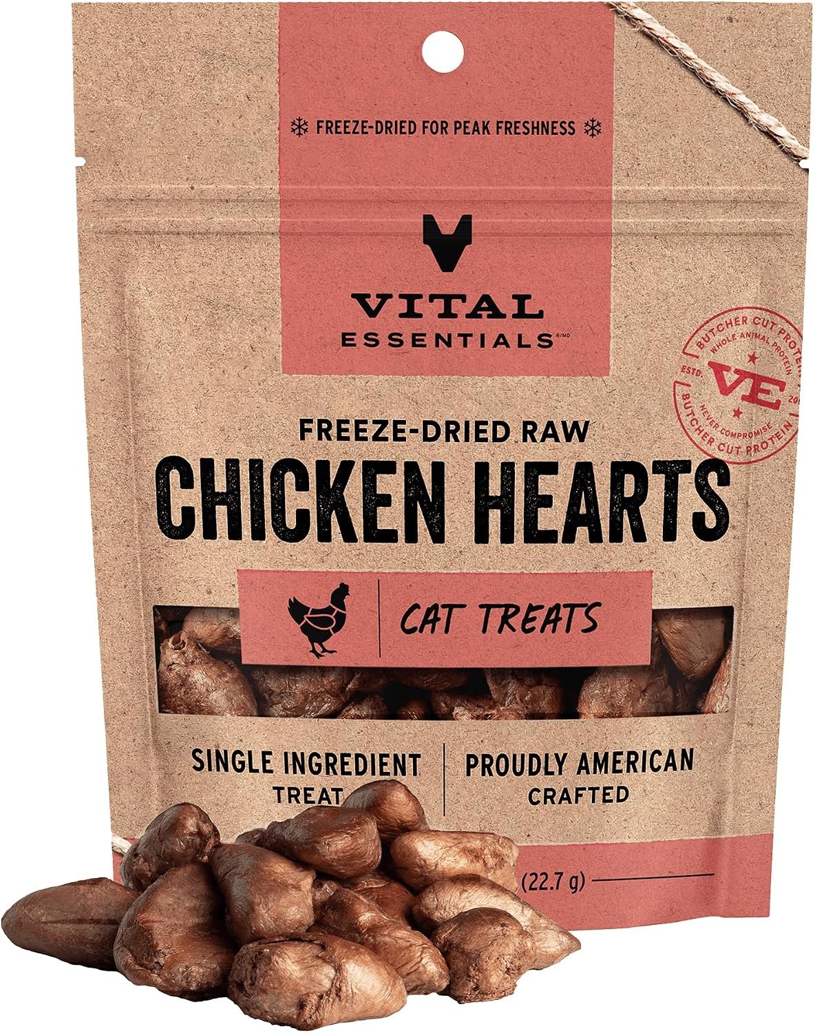 Vital Essentials Freeze Dried Raw Chicken Hearts Cat Treats, 0.8 oz Bag