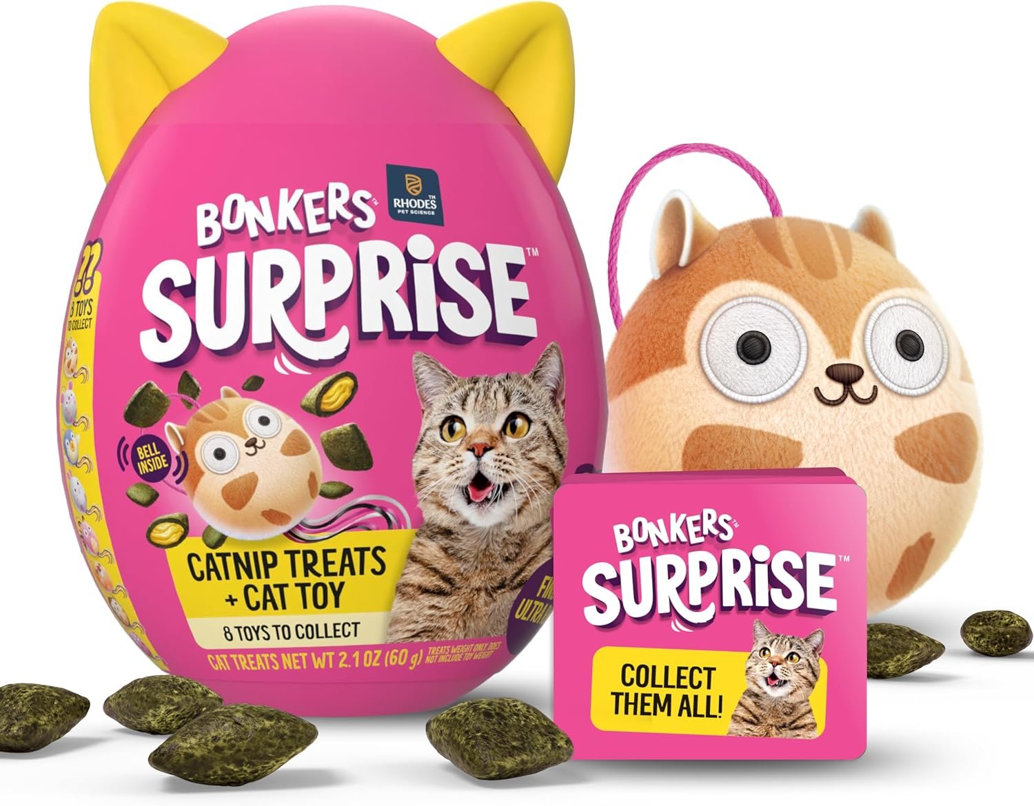Bonkers Surprise Catnip Flavor Cat Treats, 60g Egg Case with Blind Box Cat Toy (1 of 8 Collectible Toys)