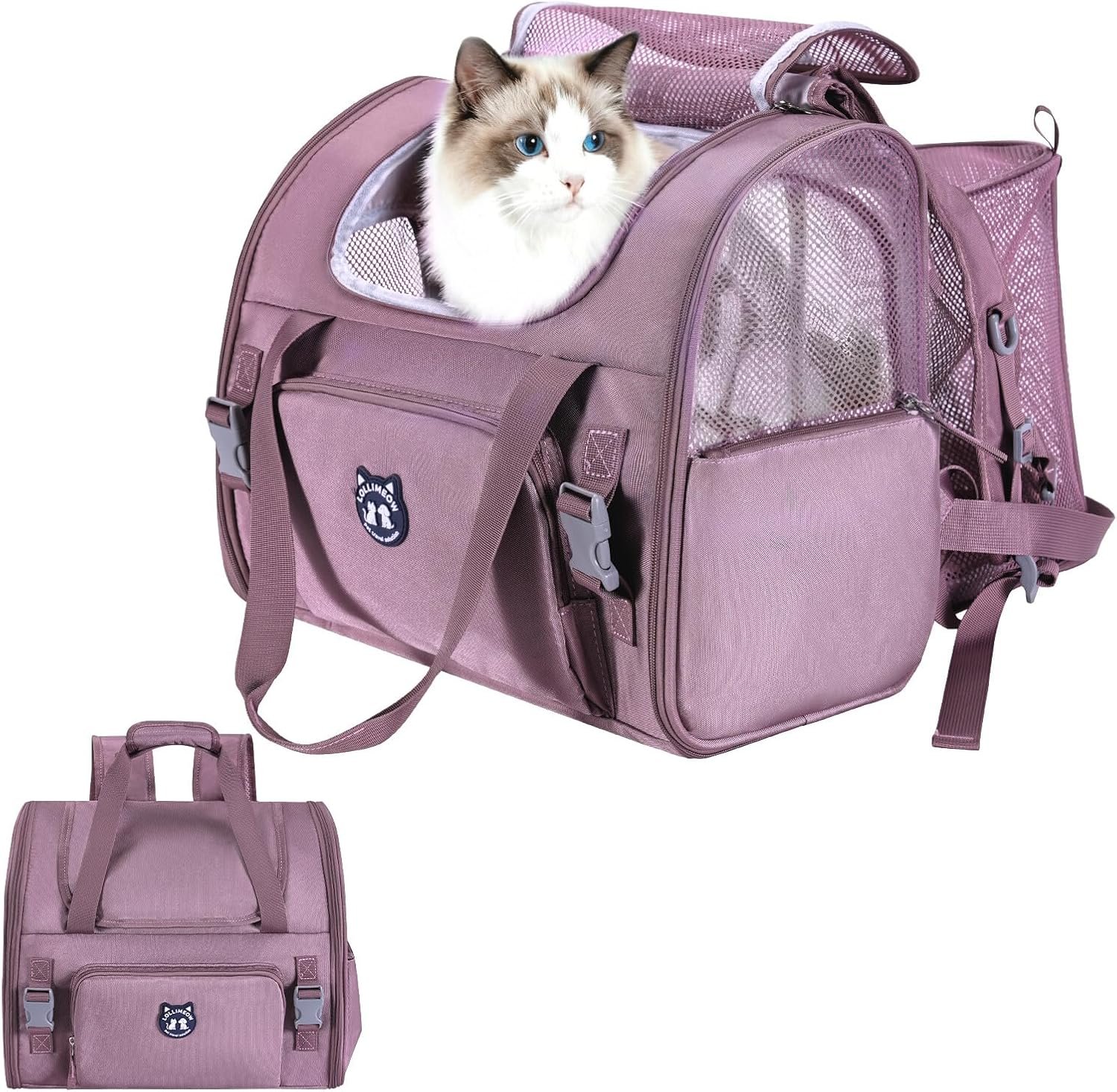 Lollimeow Expandable Cat Carrier Backpack for Large Cats – Airline Approved Pet Carrier Backpack for Small Dogs, Hiking & Travel, Waterproof with Breathable Mesh, 14lbs Capacity (Plum, Standard)
