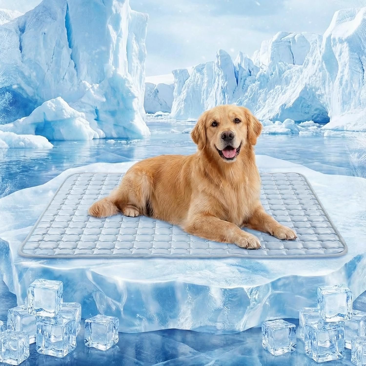 FunFurry Cooling Mat for Dogs，44″X32″ Extra Large Pet Pad，Q-Max>0.5 Rapid Cooling Dense Weave Fabric，Washable Kennel Mat with Non-Slip Bottom (Light Blue, XL)
