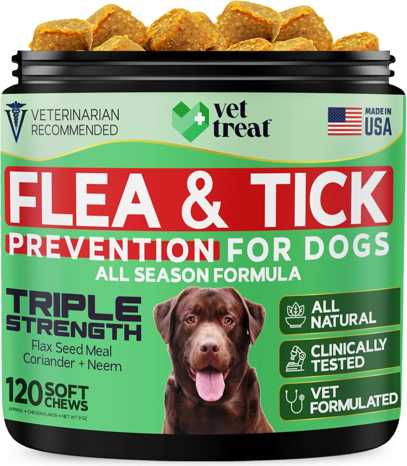 Flea and Tick Prevention for Dogs Chewables -Made in USA- Natural Dog Flea and Tick Treatment – Oral Flea Pills – Vet Recommended Flea and Tick Chews – All Breeds & Sizes – 120 Soft Treats (Chicken)