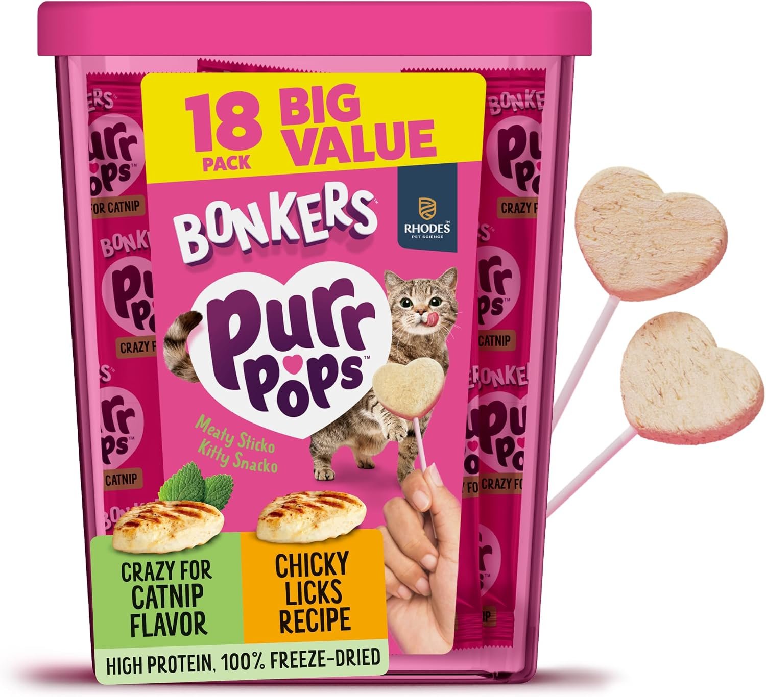 Bonkers Purrpops Lollipop Cat Treats Freeze Dried Chicken & Catnip 18 Pack