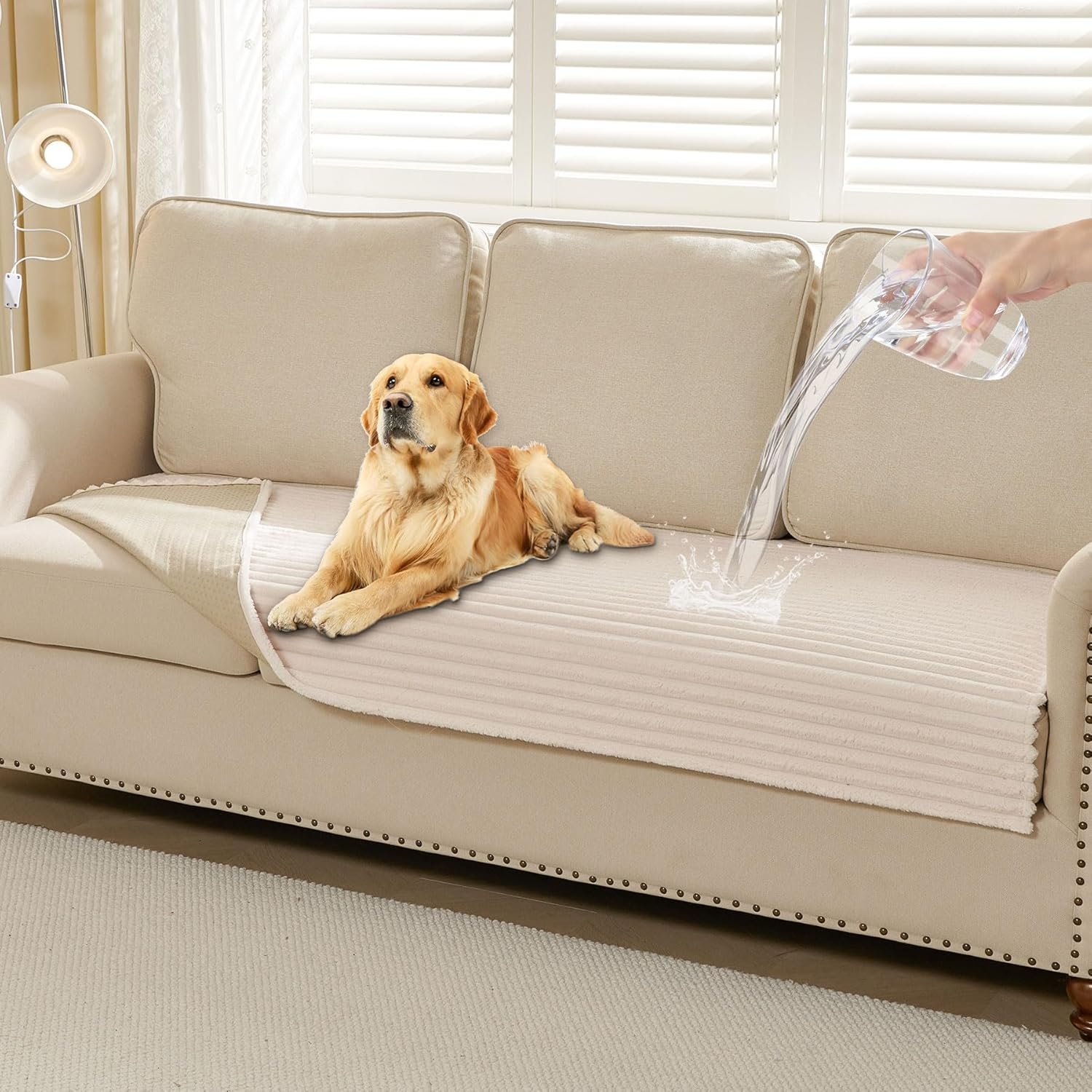 HAOMAIJIA Waterproof Couch Cover for Dogs Washable,Faux Fur Pet Couch Covers for Sofa,Soft Dog Bed Cover Non-Slip Couch Covers for 3 Cushion Couch Sofa Pet Friendly (Off White, 35″ x 82″)