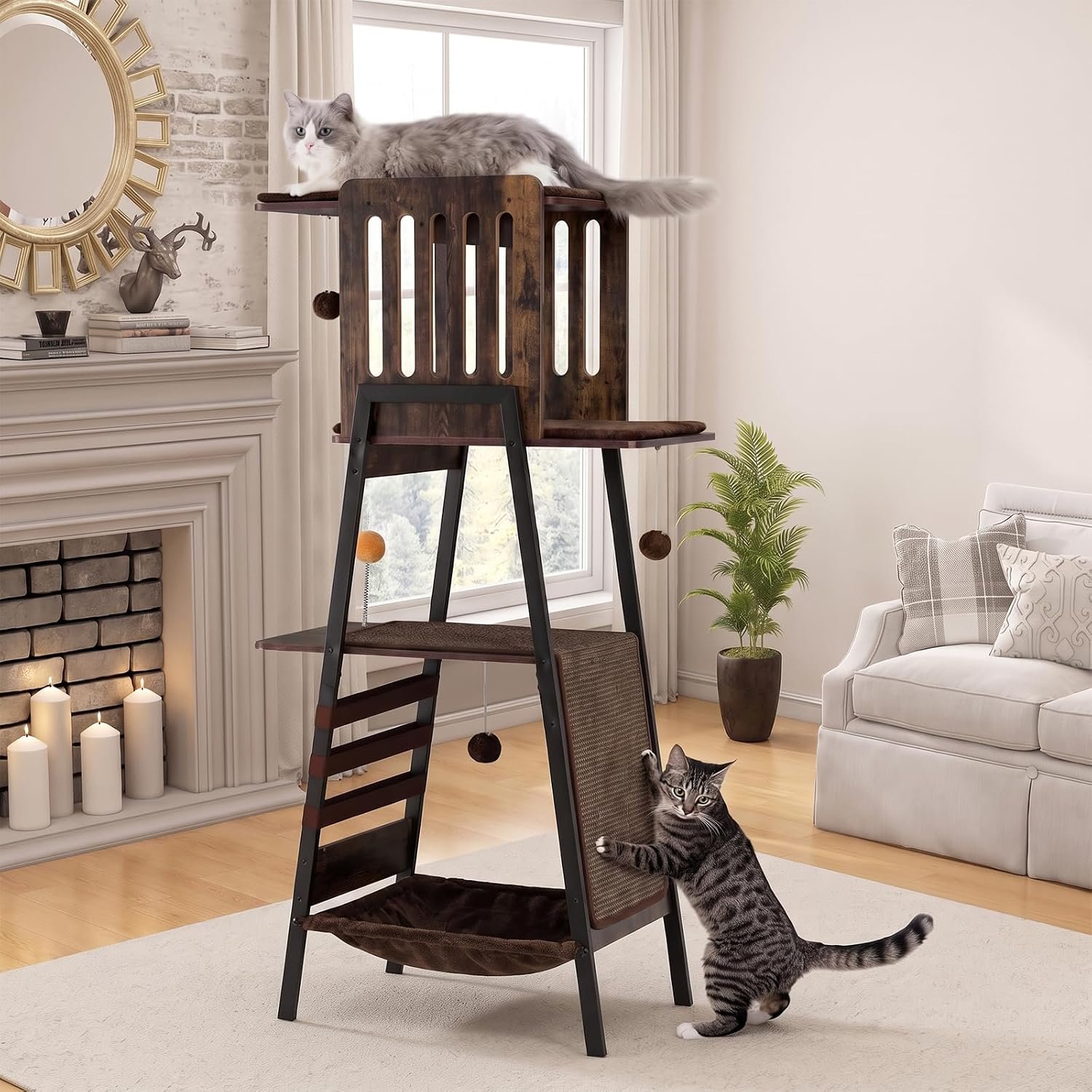 Cat Tree Tower, Large Multi-Level Cat Condo with Scratching Post, Vintage Brown