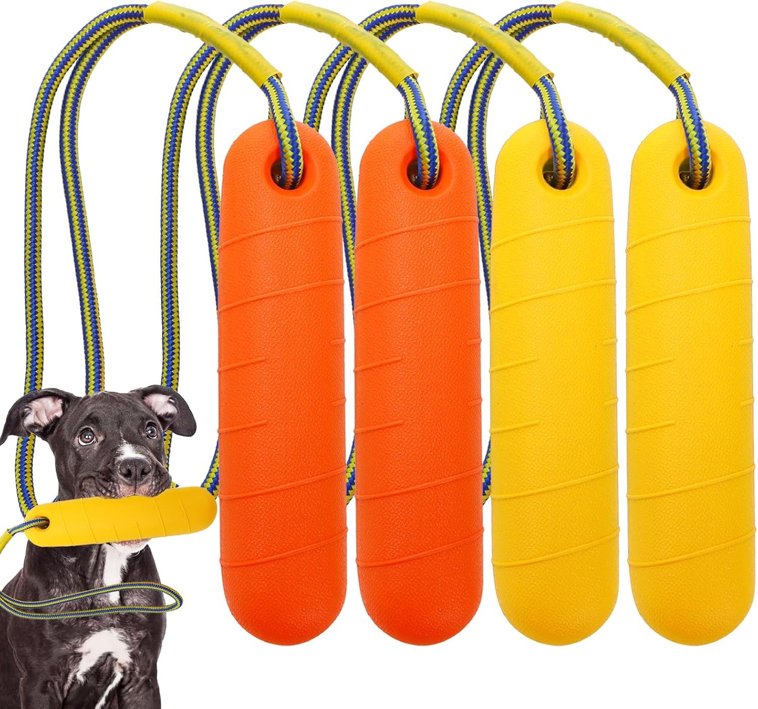 DEAYOU 4 Pack Dog Pool Toys, Interactive Dog Water Floating Toys with Rope, Fetch Training Bumpers Retrieving Dummy, Pet Throw Toy for Outdoor, Summer, Playing, Tug Game, Retriever