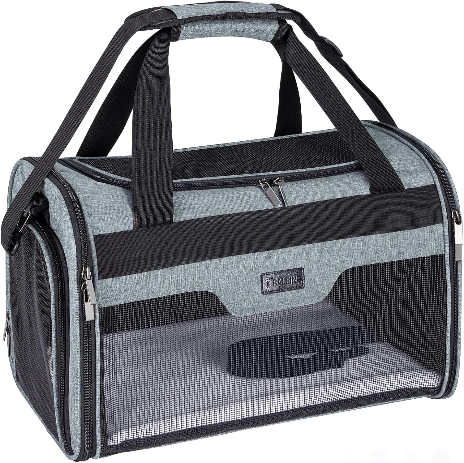 BALEINE Cat Carrier, Puppy Dog Carrier for Small Medium Pets Up to 15 Lbs, Soft-Sided Dog Travel Bag with Safety Zippers, Collapsible Pet Carrying Case (Gray, L, 17″x11″x11″)