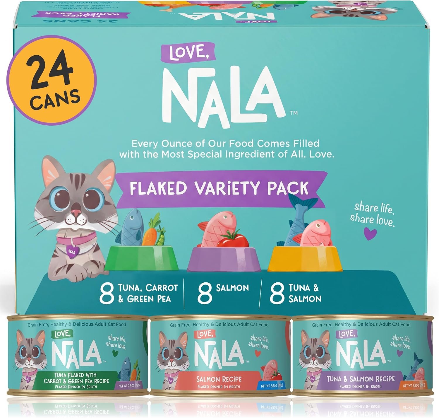 LOVE, NALA – FLAKED Fish Variety Pack – 24 Pack – Natural Adult Cat Wet Food – Grain Free, Non-GMO, Lean Protein, Omega 3, Added Minerals & Vitamins