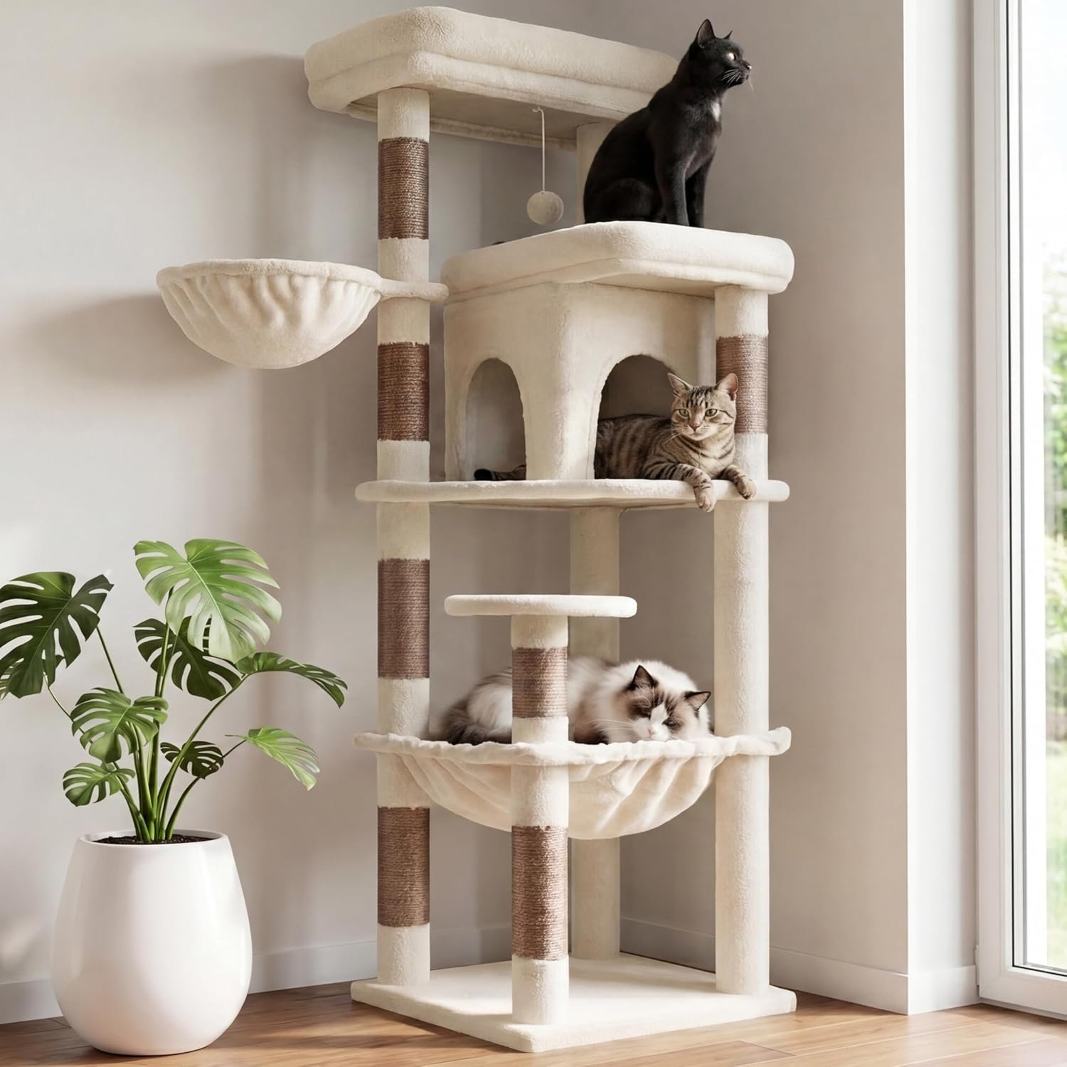 Heybly Cat Tree, 56″ Multi-Level Easy Climb Tower for Large Cats HCT028MJ