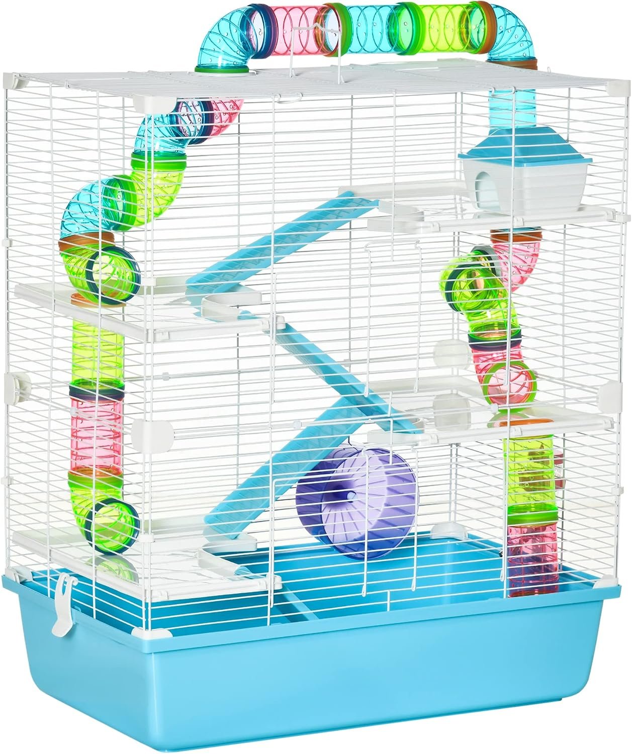 PawHut Extra Large 23″ Hamster Cage with Tubes and Tunnels, Portable Carry Handles, Rat House and Habitats Big 5-Tier Design, Mouse Cage Includes Exercise Wheel, Water Bottle, Food Dish, Light Blue
