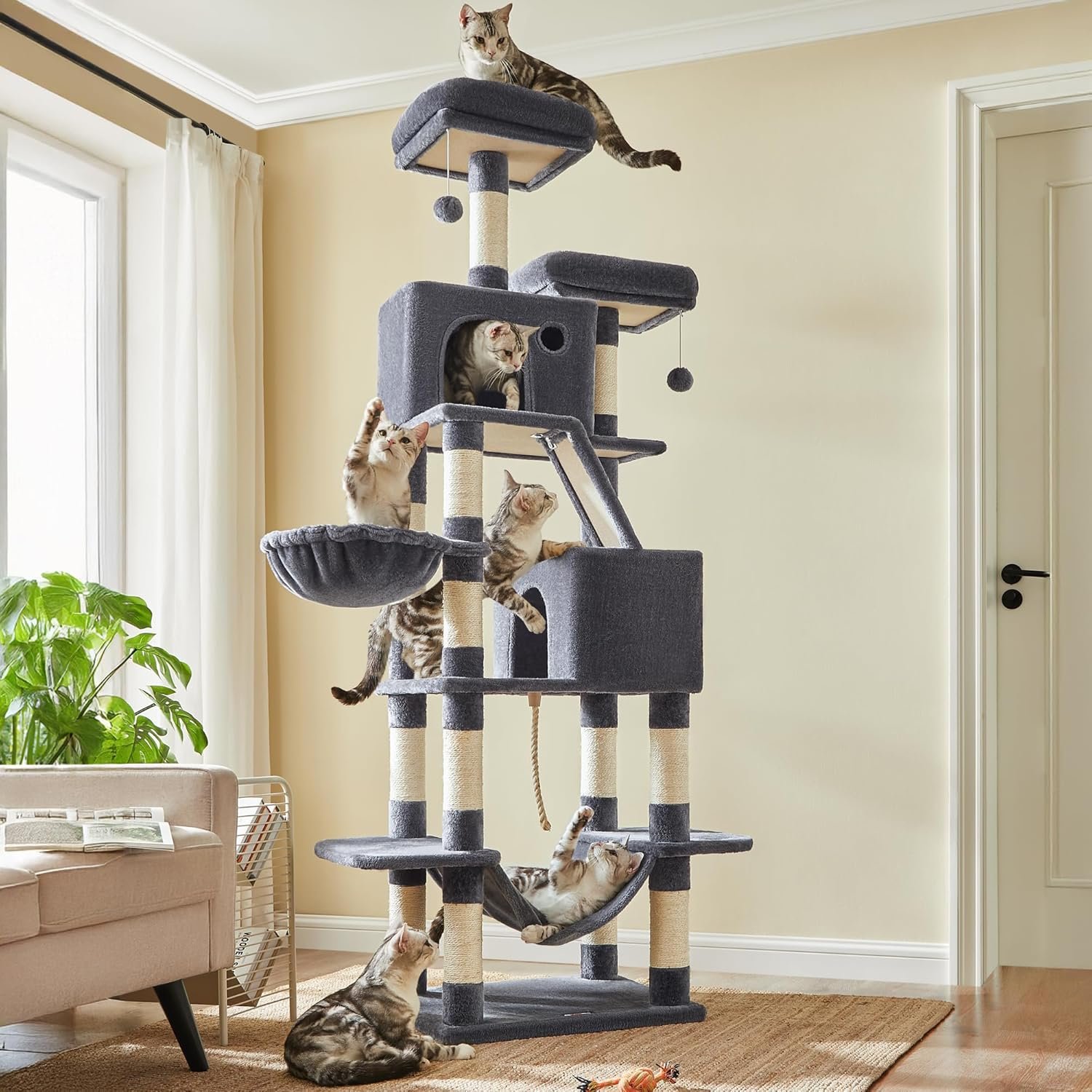 Feandrea Cat Tree, 81.1-Inch Large Cat Tower, Multi-Level Condo, Smoky Gray