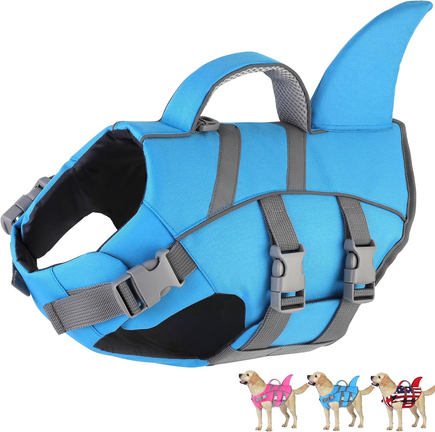 Dogcheer Dog Life Jacket Shark, Dog Life Vest with Rescue Handle – Blue,L