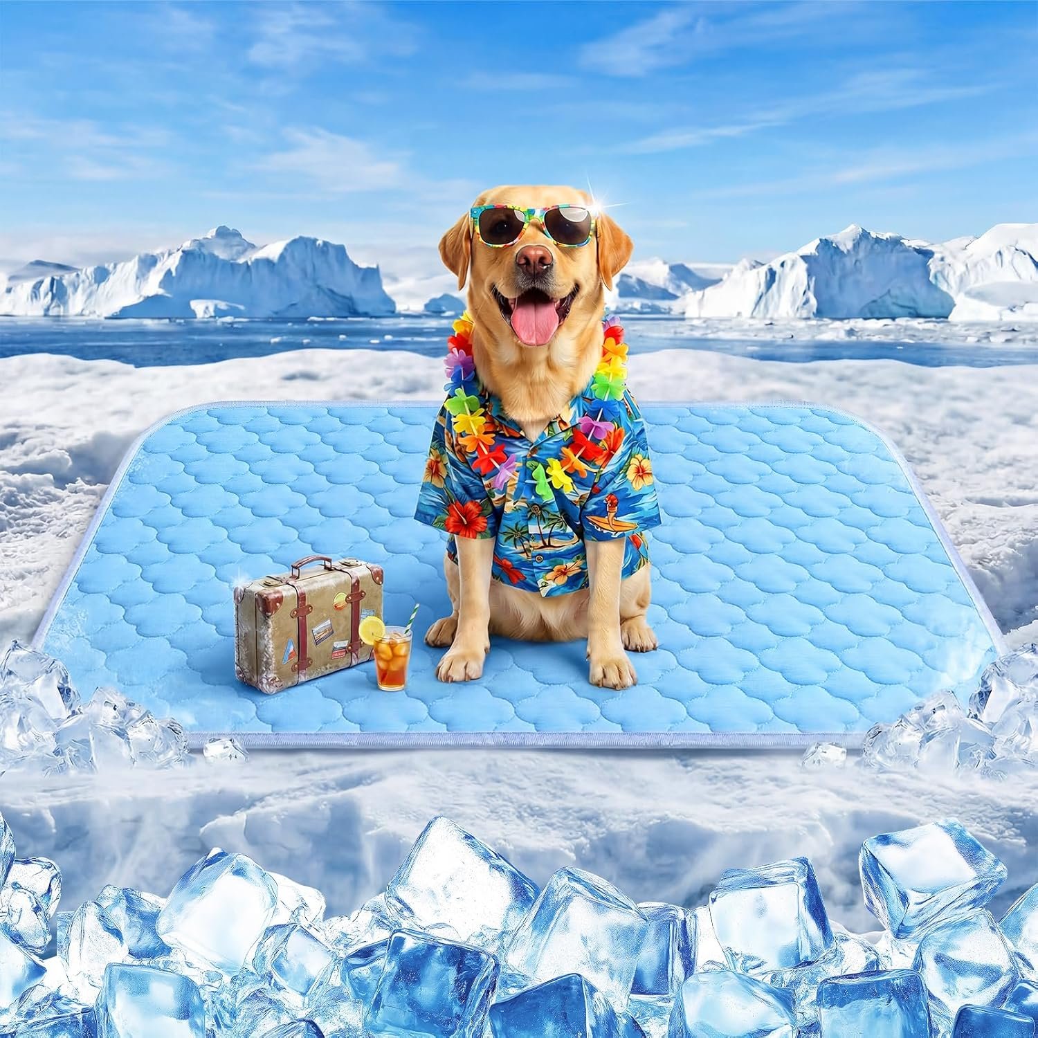 Dog Cooling Mat for Large Dogs, Long-Lasting Cool Pad for Dogs Outdoor & Indoor Use w Waterproof Cover, Summer Cooling Pet Bed 36″ x 26″, Non-Slip Washable Pet Blanket (Cryo Ice Blue)