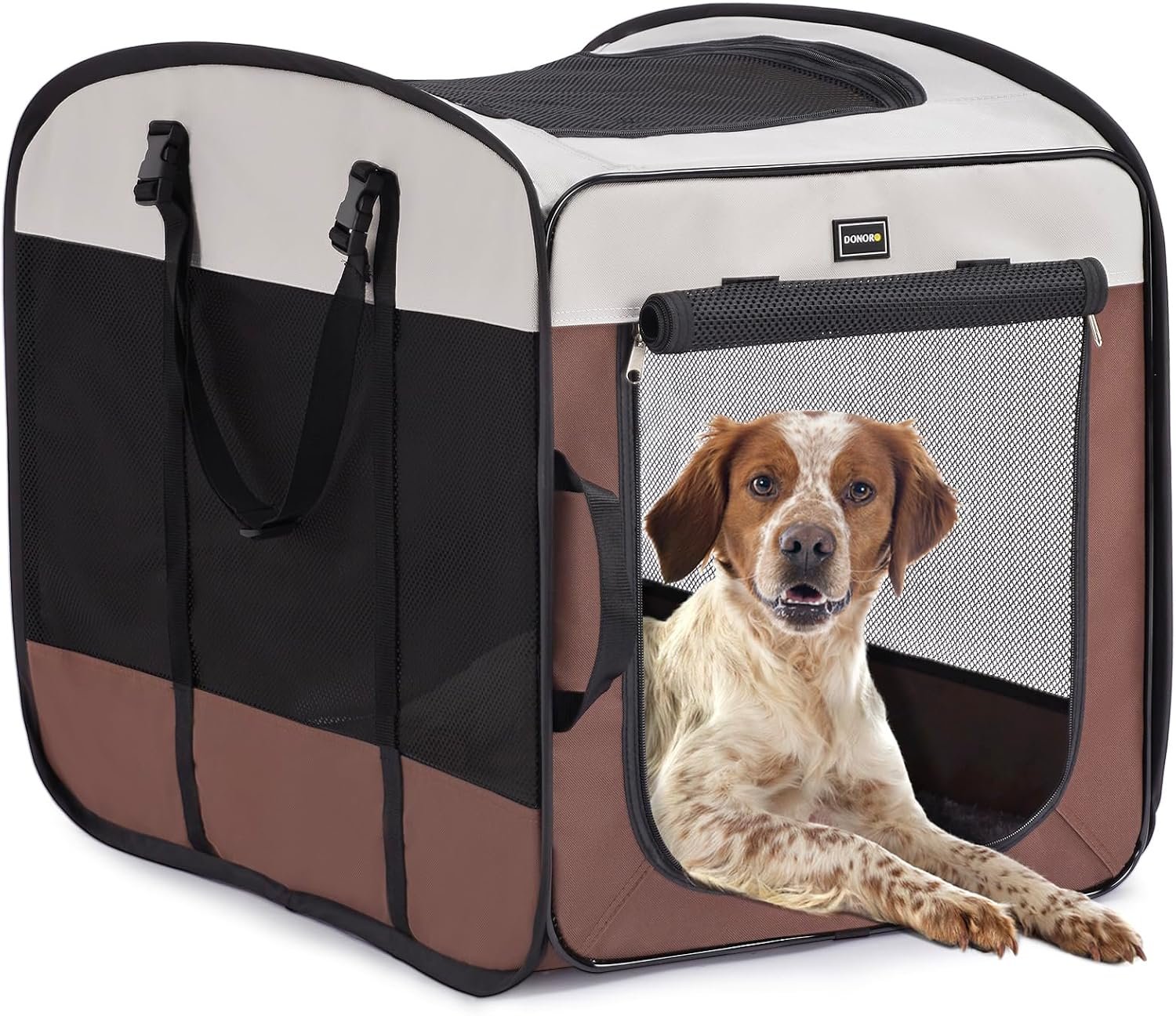 DONORO Dog Kennels and Crates for Medium Dogs, Portable Pop Up Indoor Pet Cage with Sturdy Wire Frame, Collapsible Travel Crate Soft Sided Cat Bag Escape Proof (Brown, 28.0″ L x 18.0″ W x 22.0″ H)