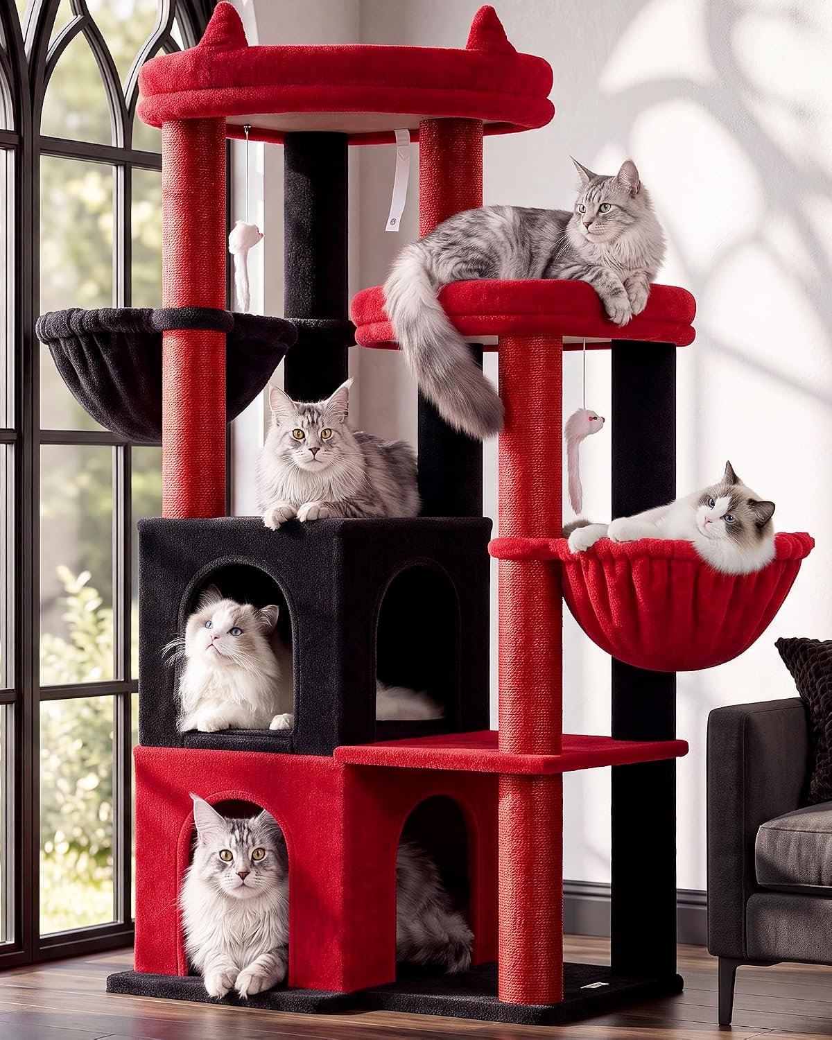 Globlazer Cat Tree Tower for Indoor Cats, Sturdy Adult Cat Tree House for Large Adult Cats with 2 Platform, 6 Cat Scratching Post, 2 Cat Caves, Dangling Toys, S63, 63 inch, Red Black