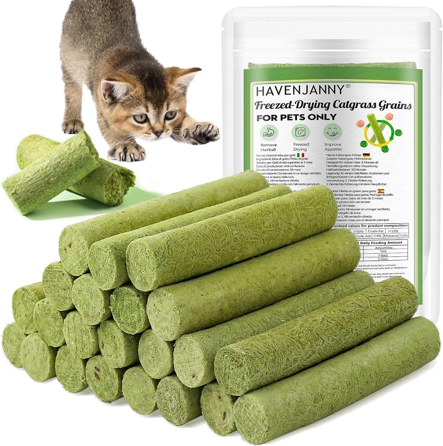 100g Cat Grass Teething Stick, Freezed Drying Cat Grass Sticks Snacks for Cats, Edible Cats Treats for Teeth Cleaning and Hairball Removal