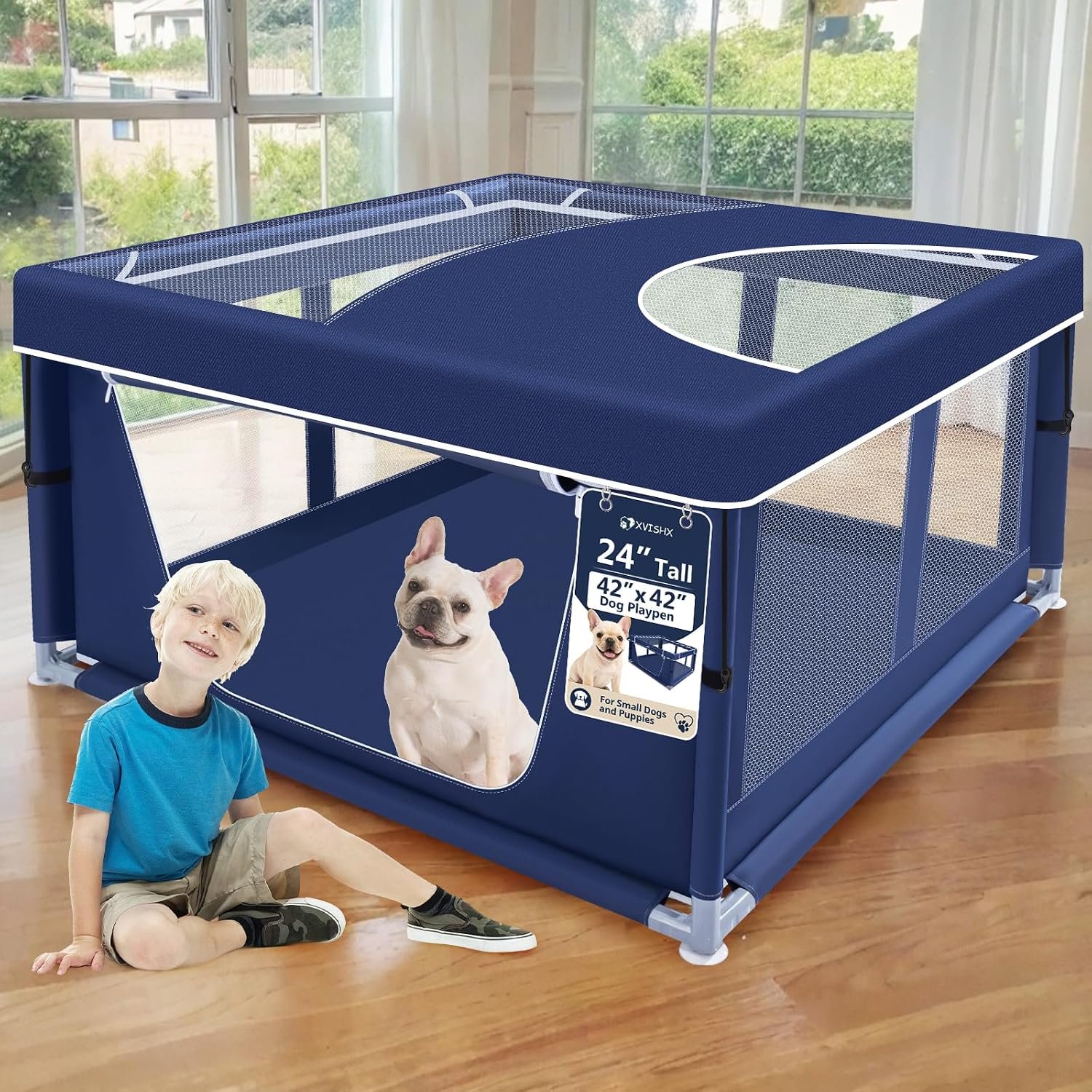 XVISHX 42×42 Inch Puppy Playpen with Cover, Dog Playpen for Puppies or Small Dogs, Pet Fence for Indoor & Outdoor, Sturdy Safety DogPen with Thickened Fabric, High-Strength Nylon Wire Mesh, Blue