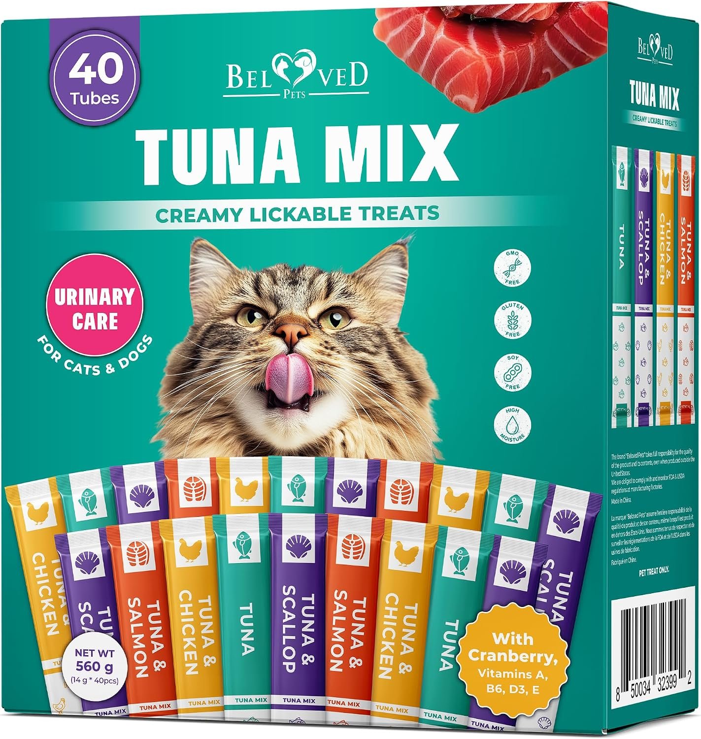 Beloved Pets Creamy Lickable Cat Treats & Wet Food Squeeze Tubes – Liquid Kitten Snacks, Urinary Tract Care, Multivitamin Treats for Cats, & Small Dogs, Lick Up 40 Sticks Tuna Mix