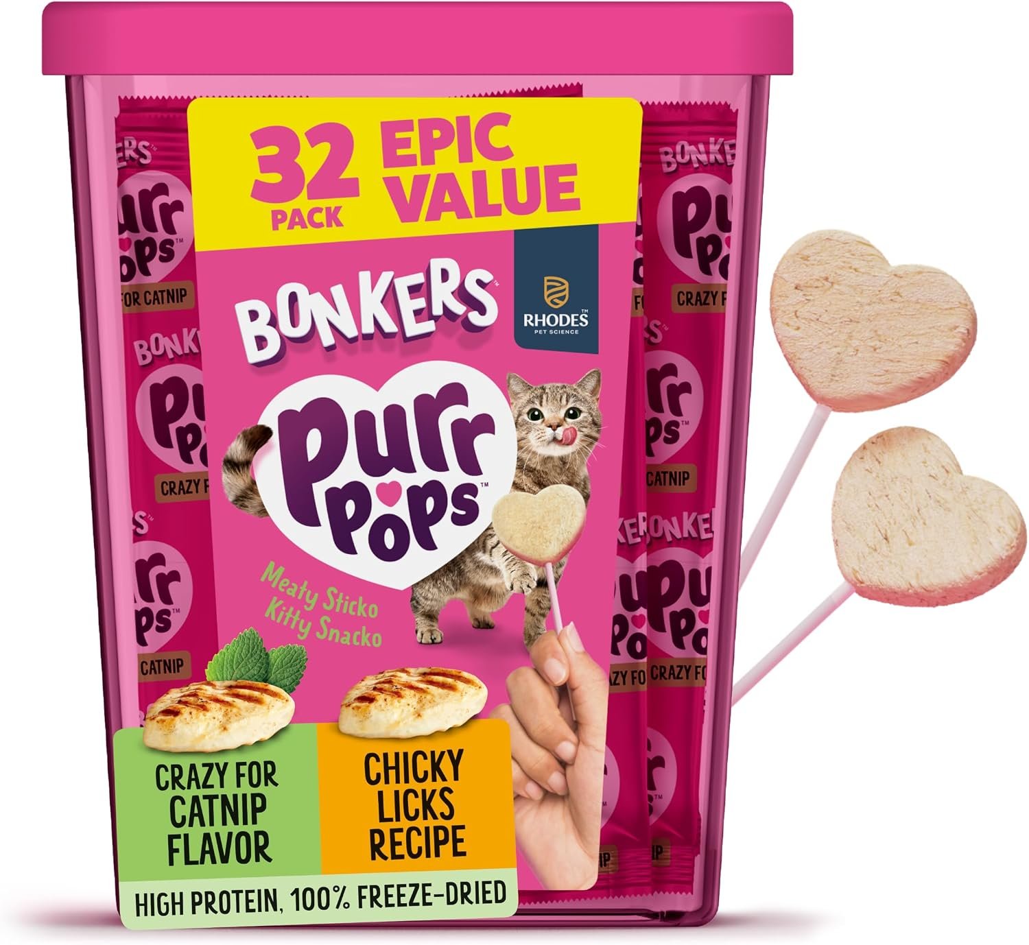 Bonkers Purrpops, Freeze Dried Chicken & Catnip Flavored Cat Treats, 32 Pieces