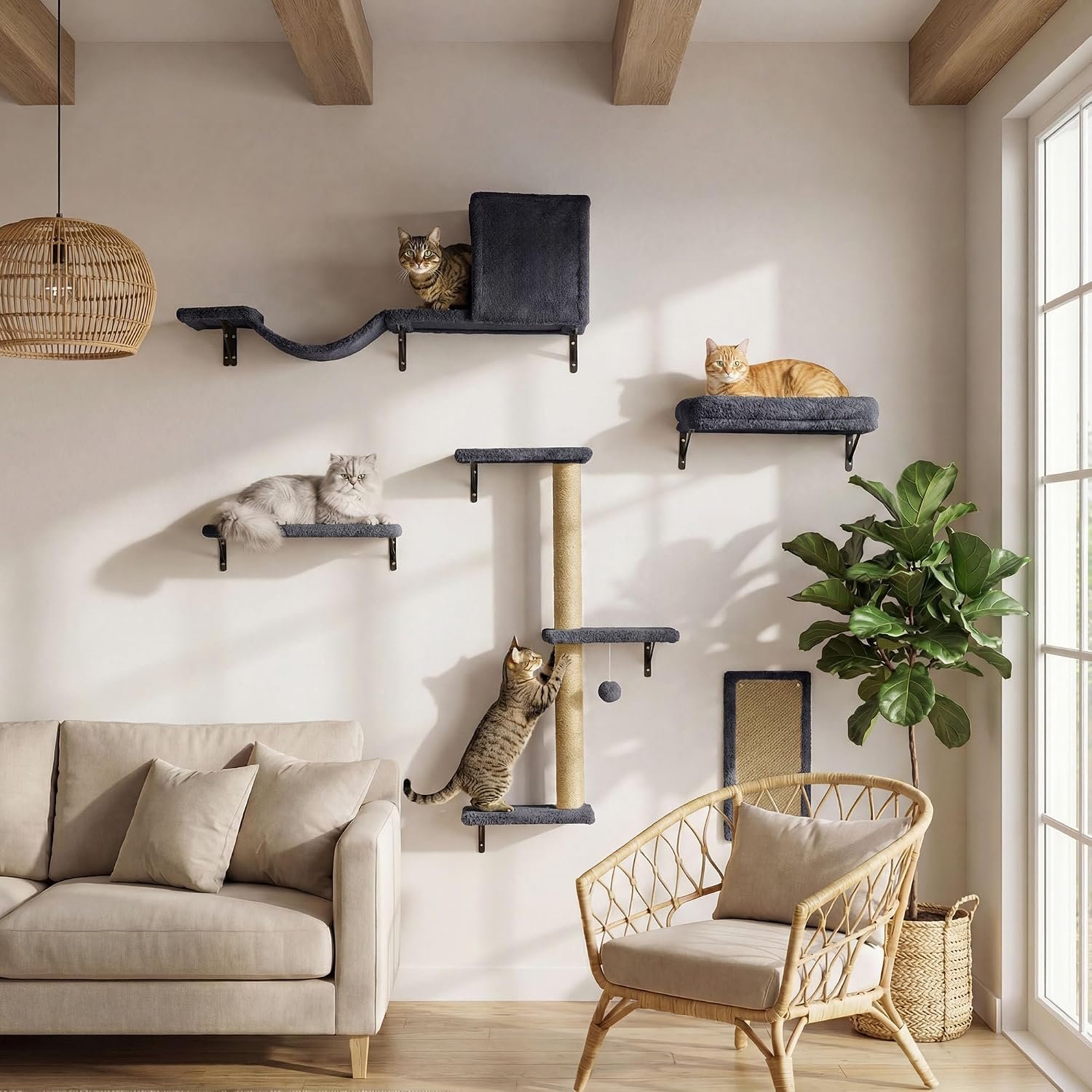 MEWANG 5-in-1 Cat Wall Shelves: Cat Climbing Furniture with Wall Mounted Perch & Lounge for Indoor Cats, Space-Saving Wall Pet Shelves for Play & Rest – Grey