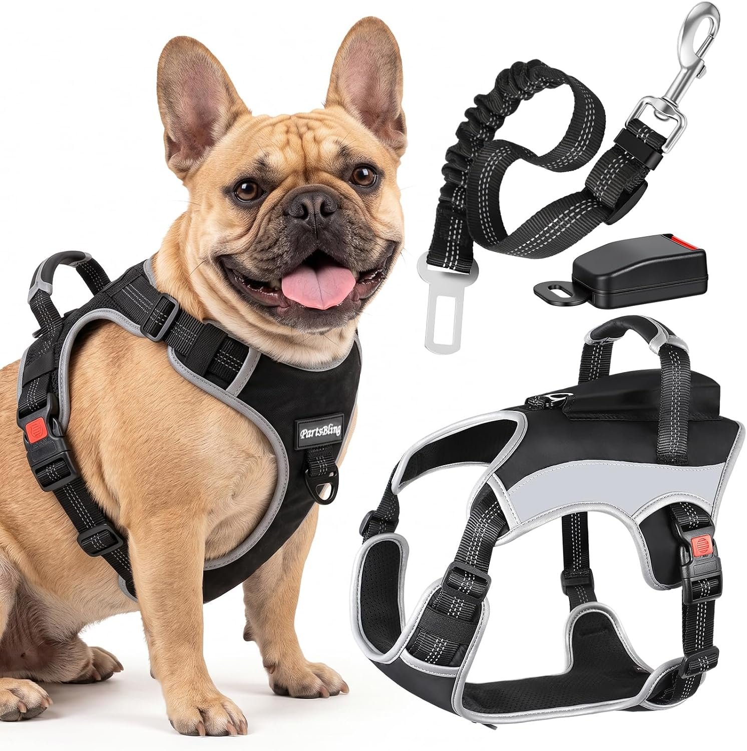 PartsBling Dog Car Harness, Dog Seat Belt Harness for Car, No Pull Adjustable Dog Harness with Seat Belt Attachment, Breathable Padded Vest with Handle for Walking, Training & Car Travel, S