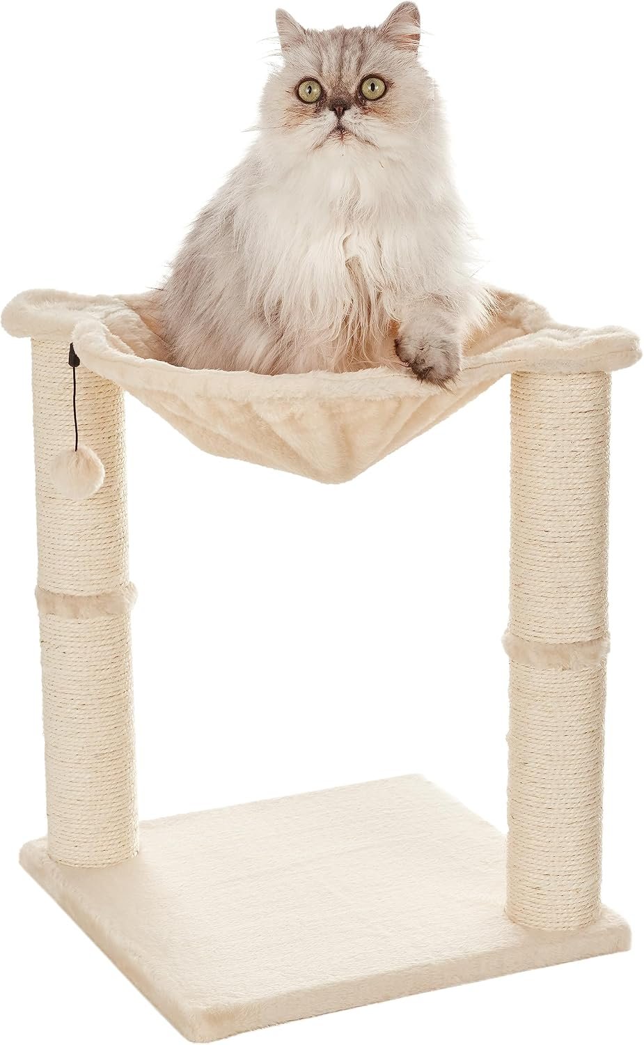 Amazon Basics Cat Tower with Hammock Bed and Scratching Post for Indoor Cats, Easy to Assemble, Interactive Hanging Ball, 15.8″ x 15.8″ x 19.7″, Beige