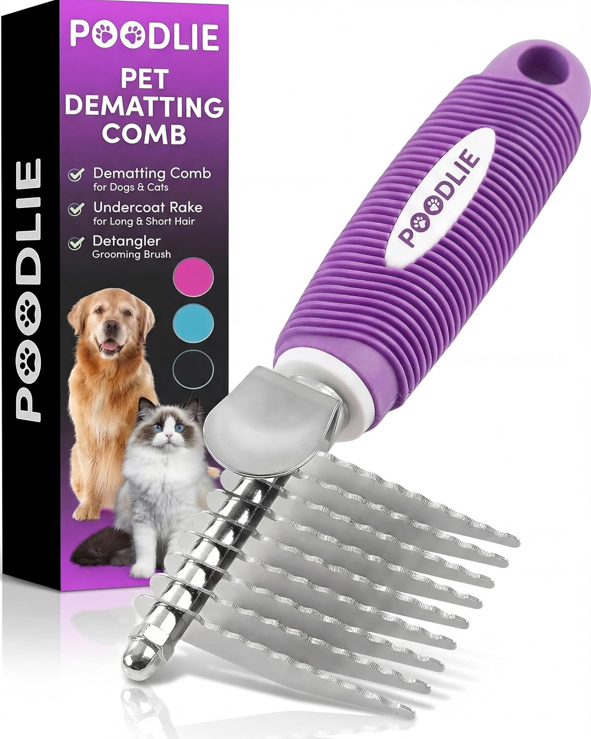 Poodle Dematting Fur Rake Comb Brush for Dogs and Cats – Long 2.5″ Steel Safety Blades Metal Comb for Detangling Matted or Knotted Undercoat Hair