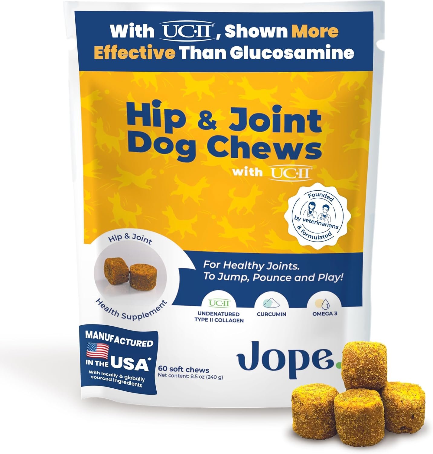 Jope Hip & Joint Supplement for Dogs Large, Medium, Small – Joint Chews w/UC-II® Collagen – Proven Better Than Glucosamine Chondroitin in Canine Health – Veterinarian Formulated, Omega 3 & Curcumin