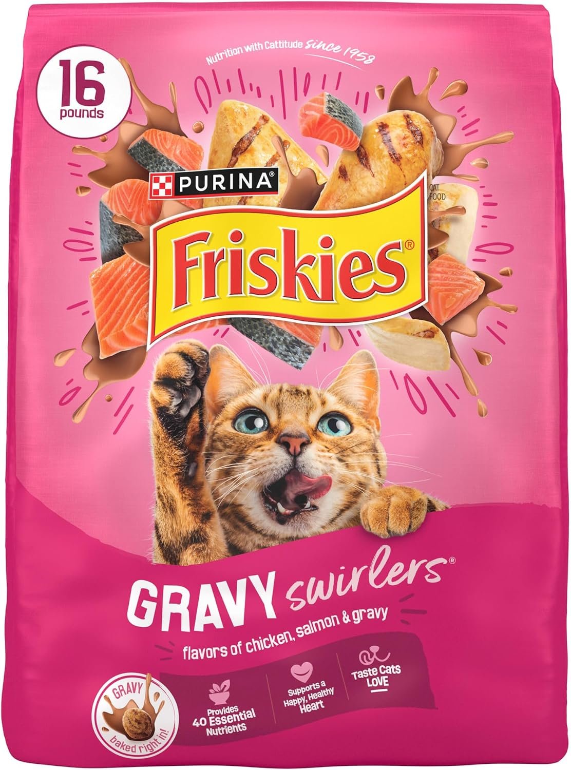 Purina Friskies Gravy Swirlers with Flavors of Chicken, Salmon and Gravy Dry Cat Food – 16 Lb. Bag