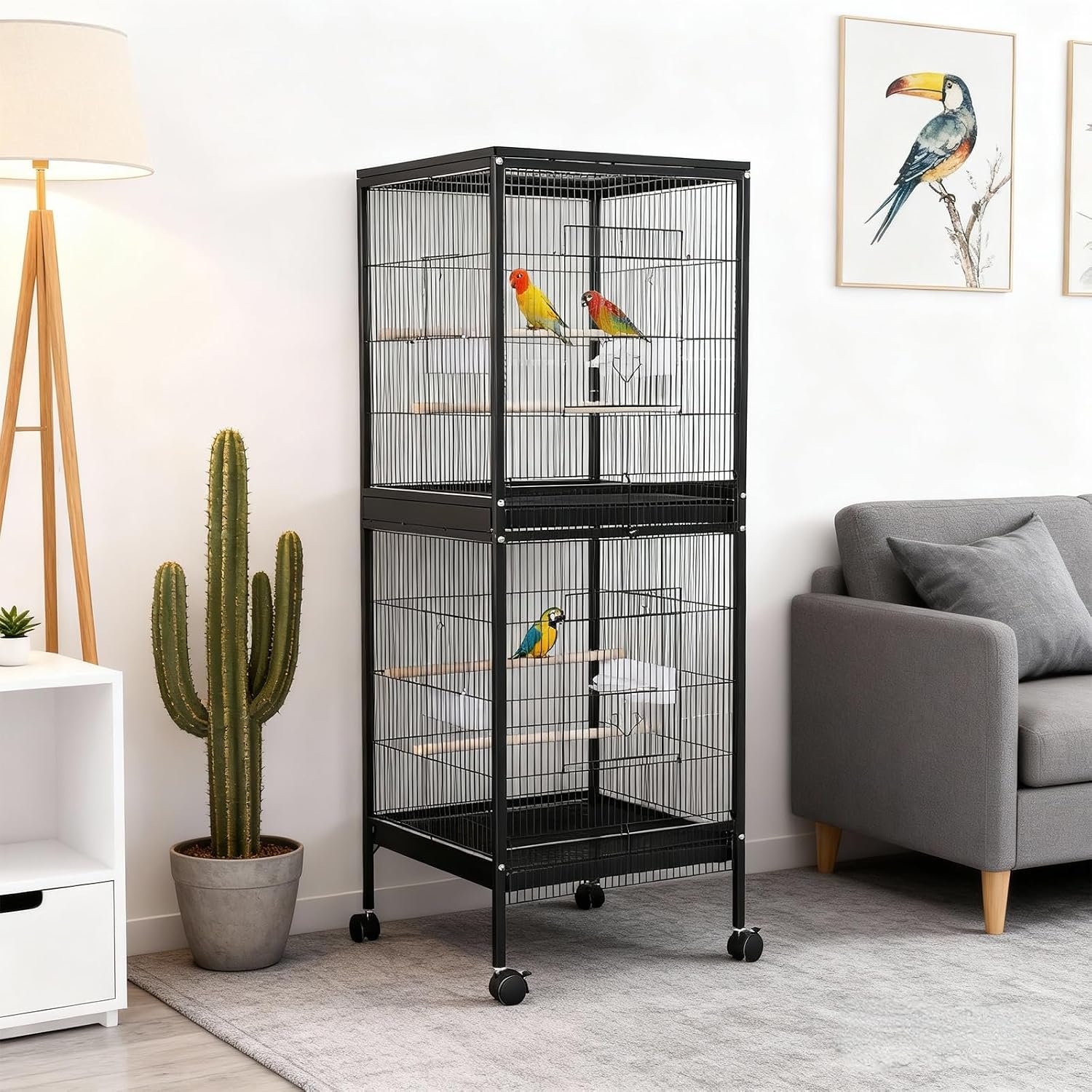 55″ Stackable Bird Cage with Rolling Stand, Large Wrought Iron Flight Aviary for Parakeets Canaries Finches, 4 Easy-Access Doors and Simple Assembly, Indoor Double-Level Bird Home