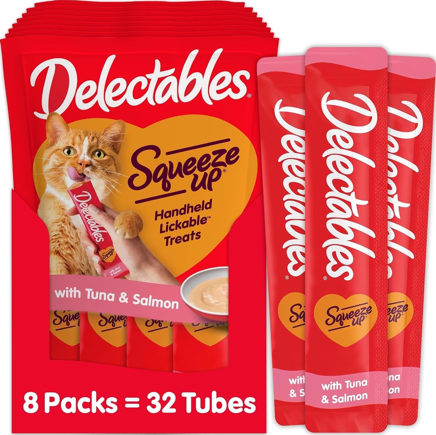 Delectables Squeeze Up Creamy Squeezable Puree, Lickable Wet Cat Treats, Grain Free, No Added Fillers, No By-Products, No Added Preservatives, 0.5 Ounces Tuna & Salmon, 32 Tubes Total
