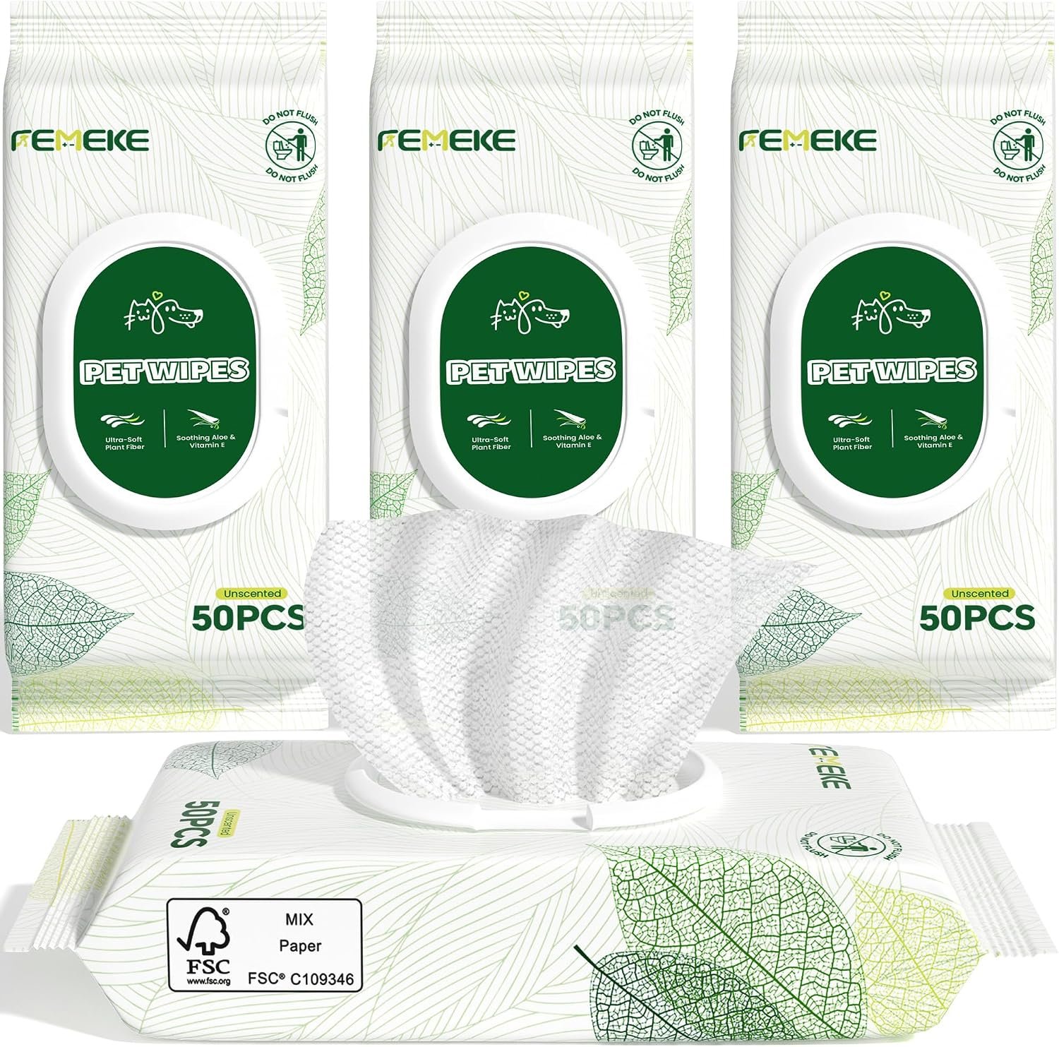 Unscented Dog Wipes & Cat Wipes (4×50 Packs) | Hypoallergenic, pH Balanced for Paws, Body, Eyes & Ears Grooming |All-Natural Plant Fiber Wipes with Aloe & Vitamin E | Pearl Texture