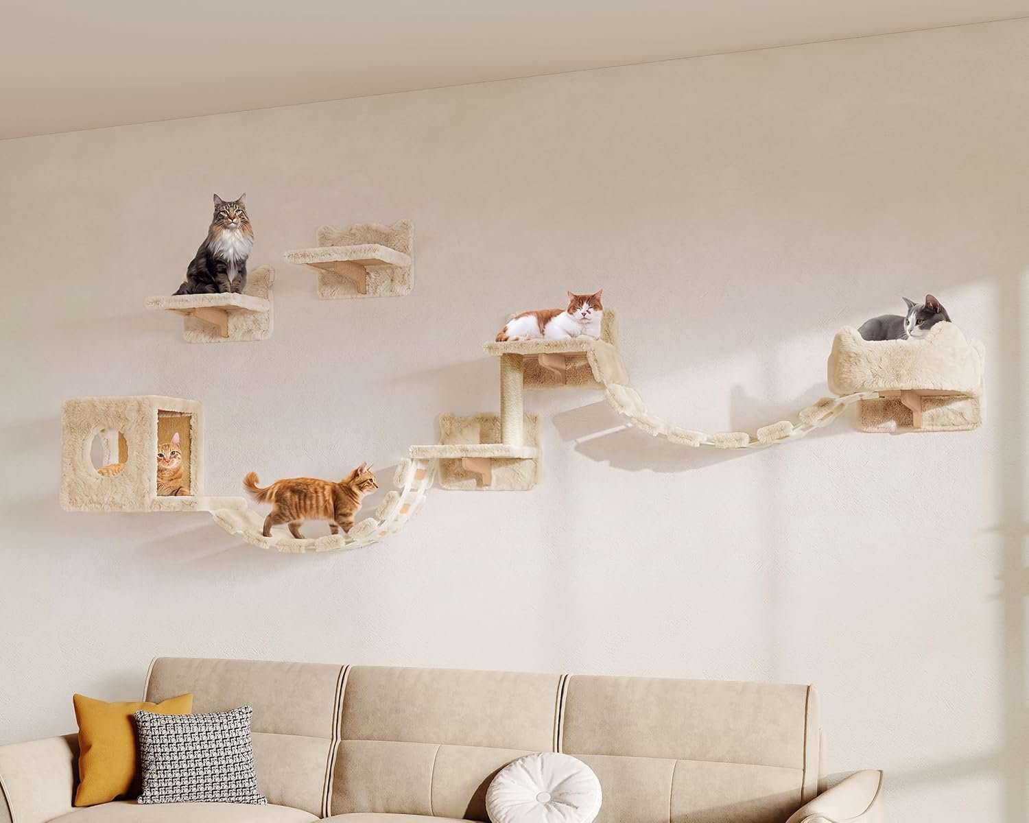 9-in-1 Cat Wall Shelves, Cat Wall Furniture Set with Bridge, Beige