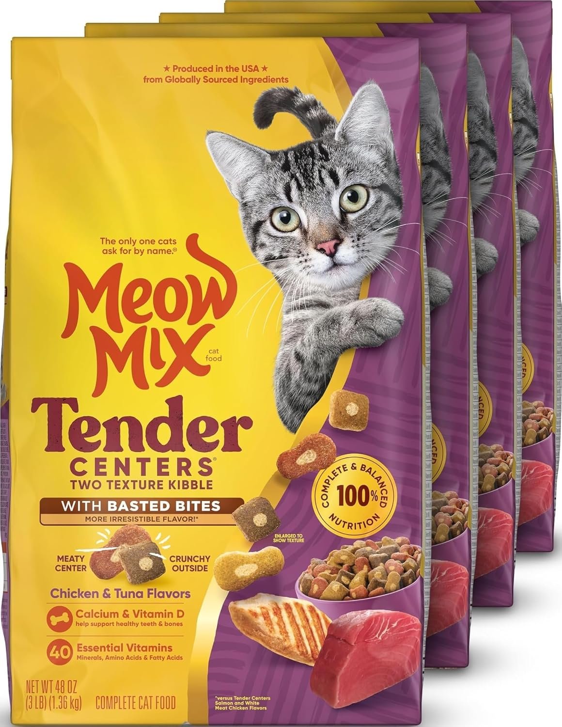 Meow Mix Tender Centers, Dry Cat Food, Chicken & Tuna Flavors, 4 Bags