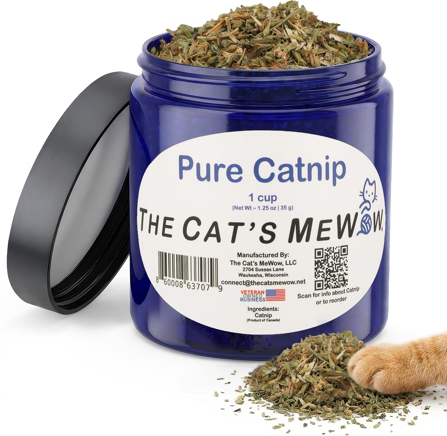 The Cat’s MeWow 100% Pure Catnip – North American Grown – Strong Aroma for Play & Enrichment – Resealable Freshness Jar – Veteran-Owned Brand