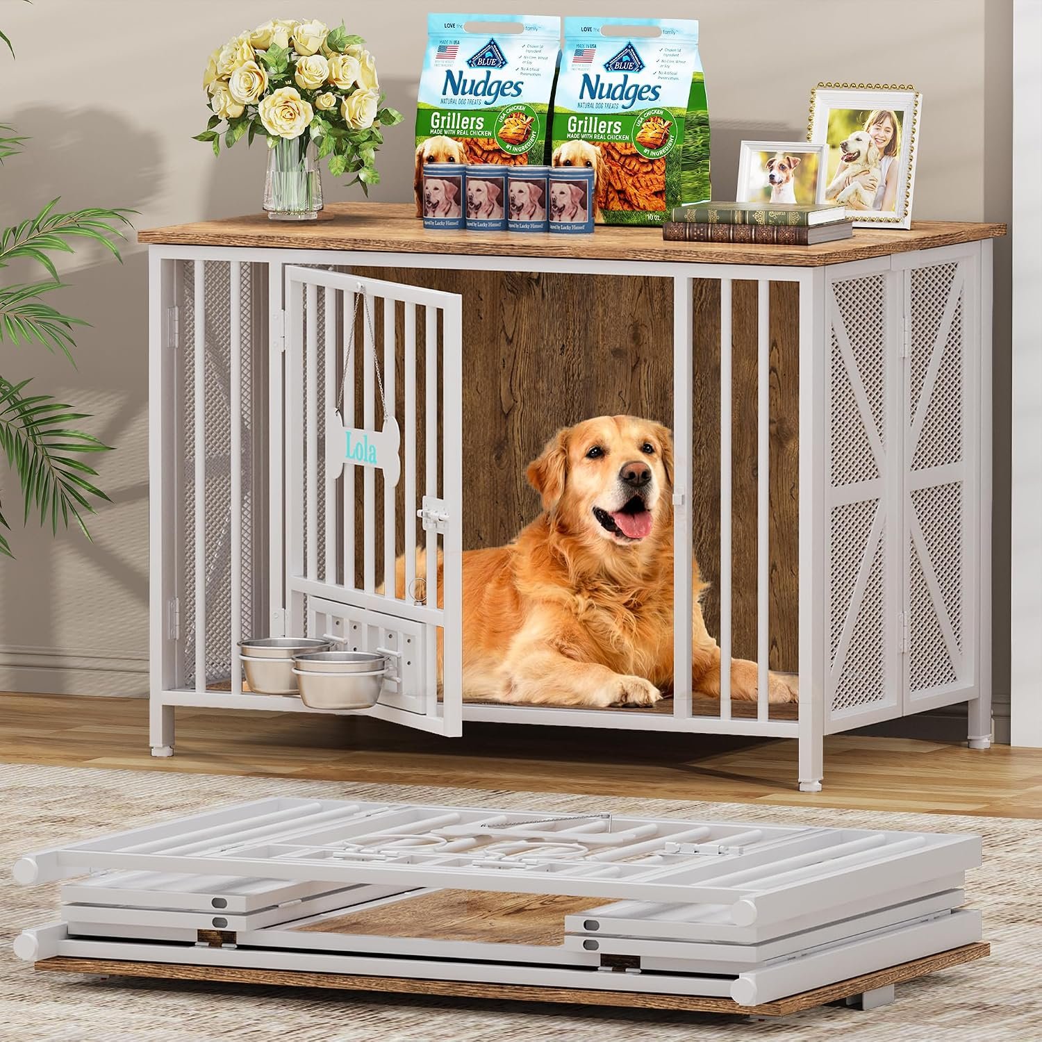 Easycom Foldable Large Dog Crate Furniture, 41.3″ Assembly-Free Dog Crates for Large Dogs, Decorative Wooden Dog Kennel Indoor with Tag & Dog Bowls, Dog Cage Use as TV Stand, White & Beech