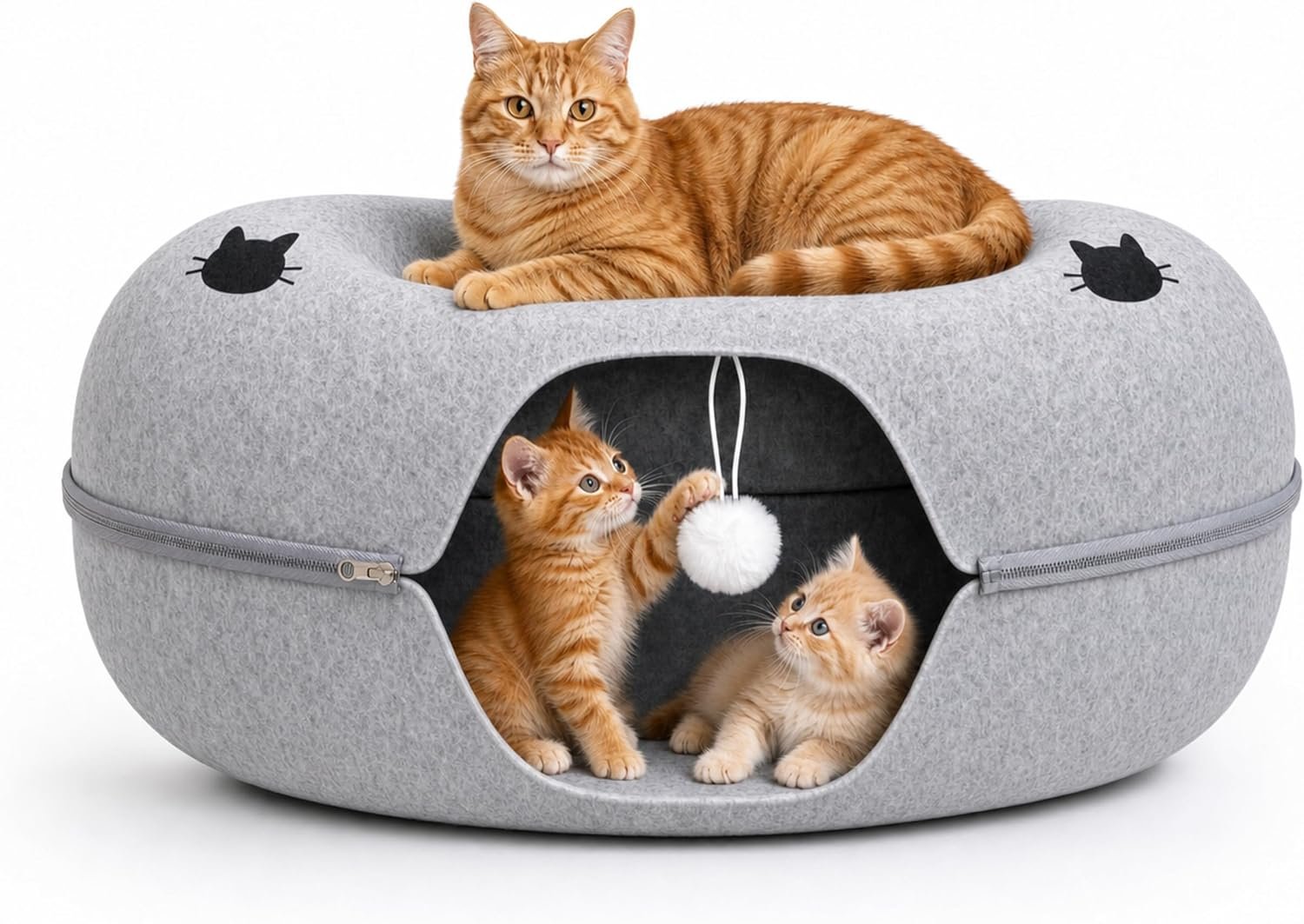 Cat Tunnel Bed – Comfort Bedz Large Donut Cave for Cats, Felt Enclosed Hideaway with Zipper, Top Perch, Interactive Toy, Washable Indoor Cat House, Light Gray