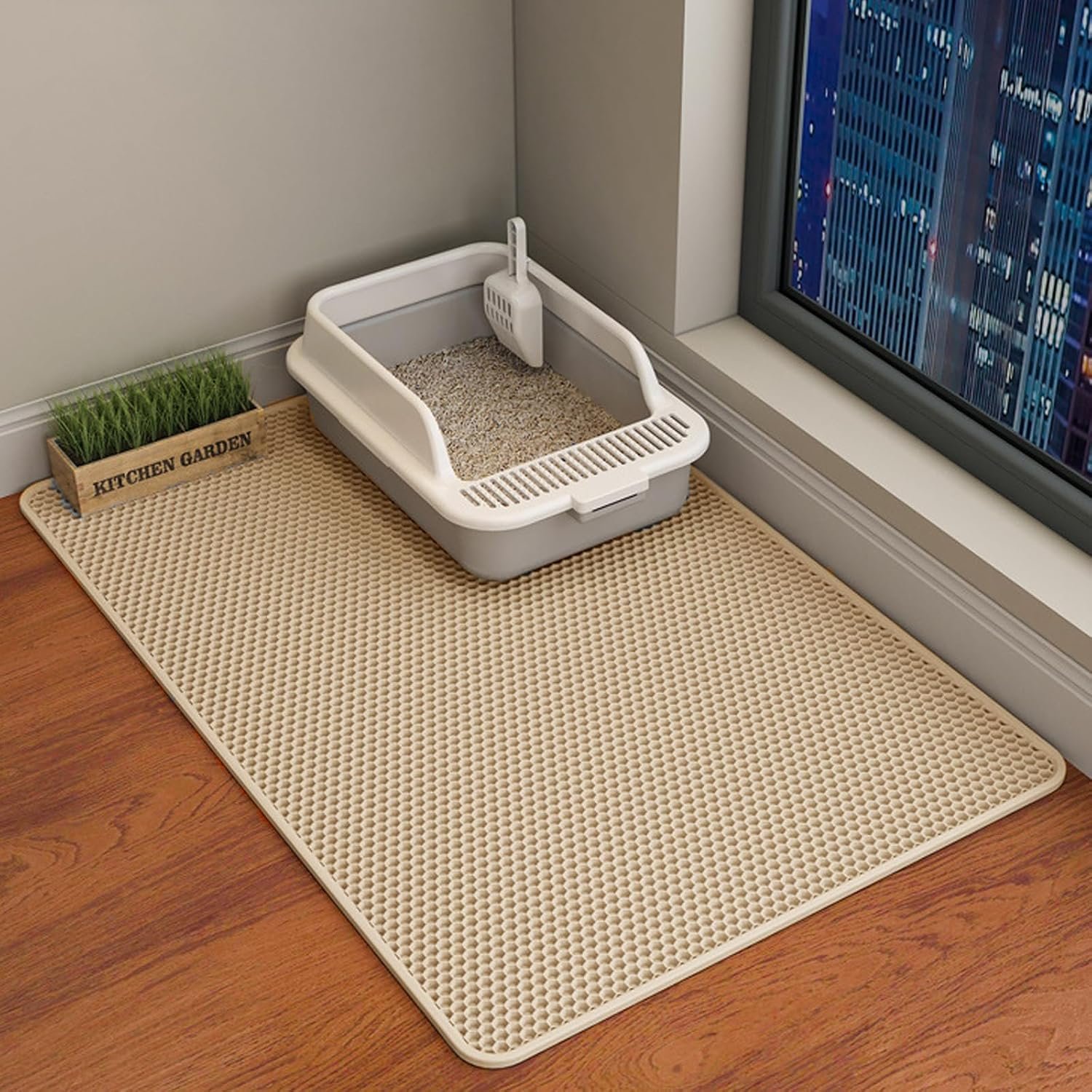 Cat Litter Mat, Double Layer Cat Litter Box Mat (35×24 Inch, Khaki)