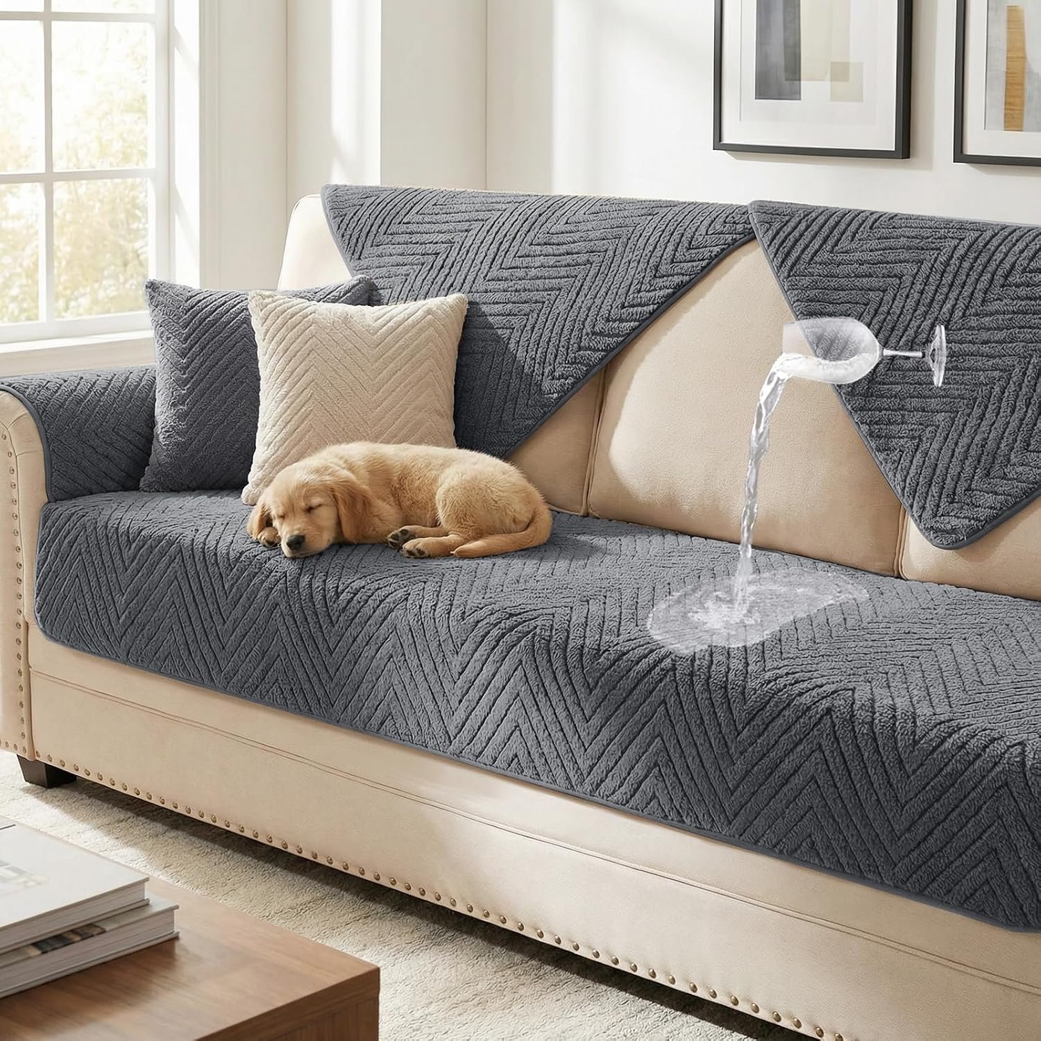 Turquoize Waterproof Couch Cover for Dogs Fuzzy Pet Couch Covers for Sofa Thick Dog Bed Cover Non-Slip Sofa Covers for 3 Cushion Couch Protector Slipcover Pet Friendly (Grey, 36″ x 72″)