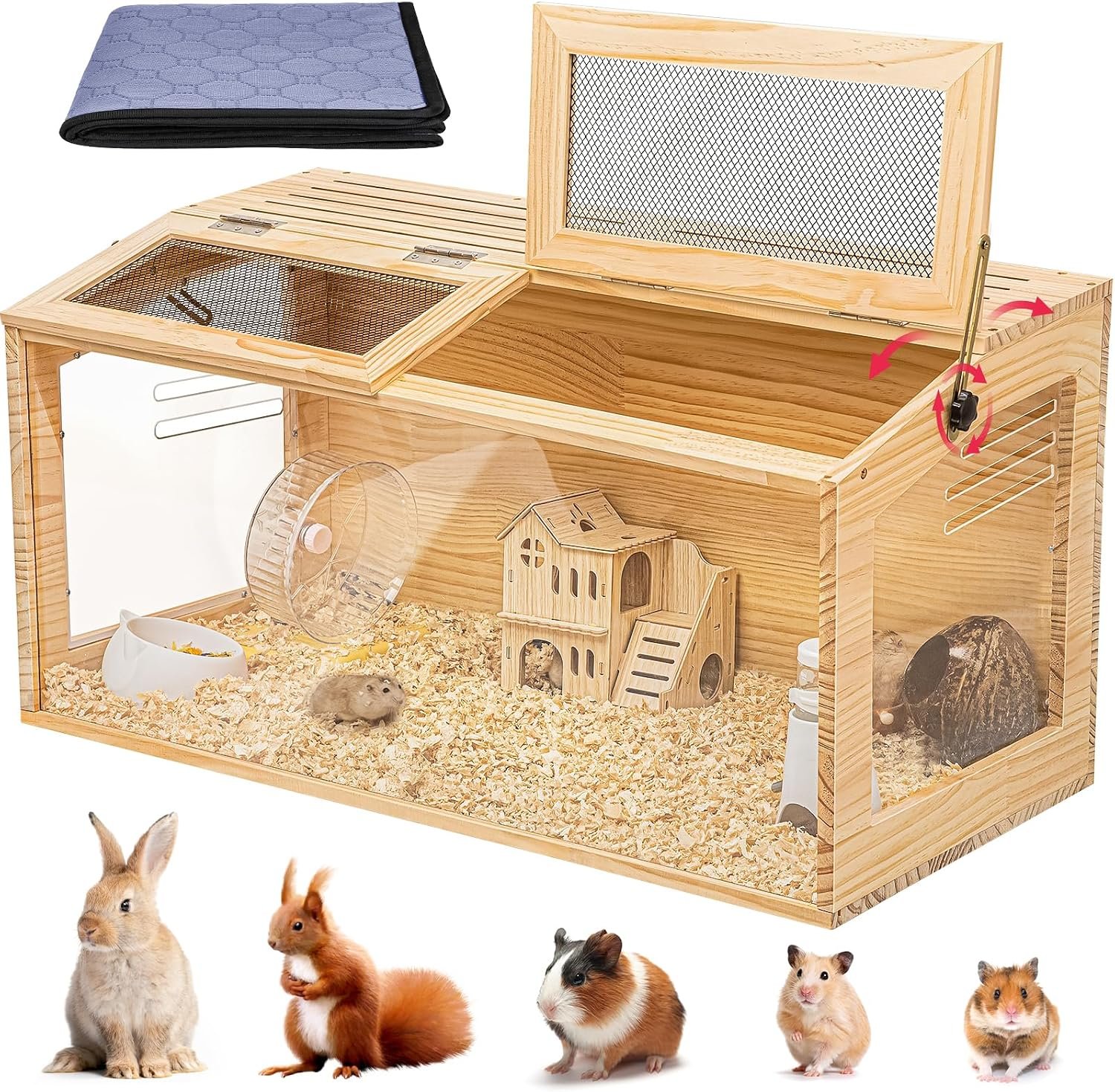 Hamster Cage 40″ Chewproof Wooden, 270° View Acrylic Pet Habitat